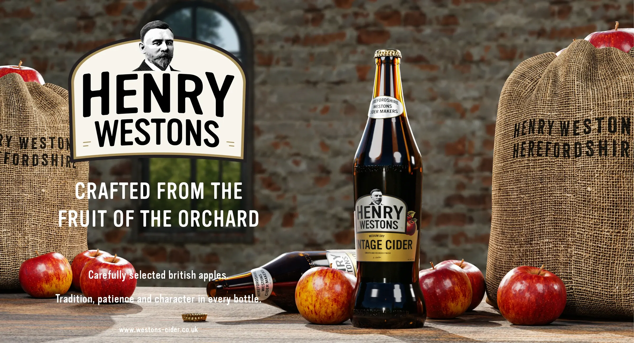 Henry Westons hero image: the new crest, 'Crafted from the fruit of the orchard', a bottle and apples between hessian sacks