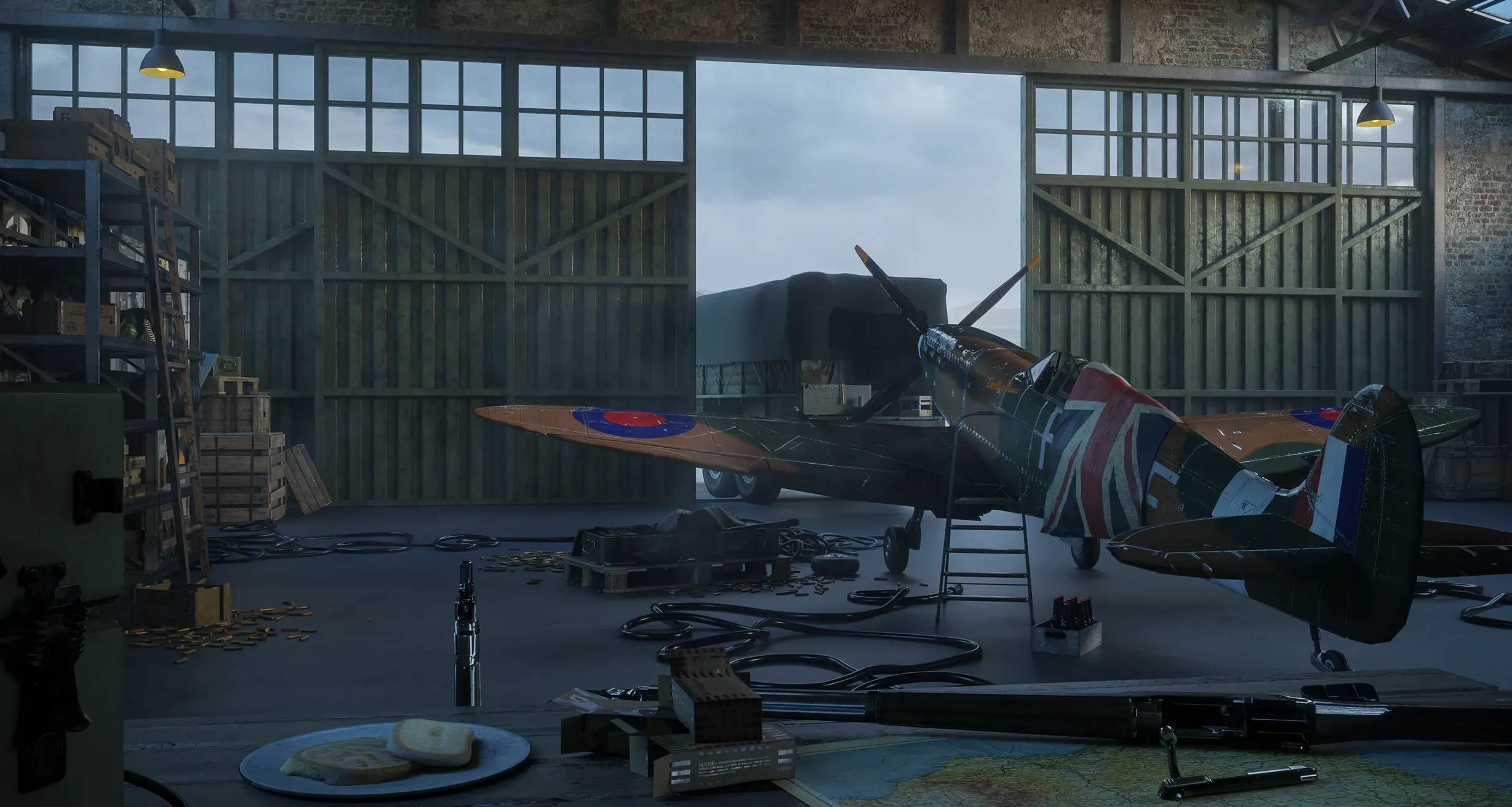 Final render: a Spitfire in a WWII hangar surrounded by tools, crates and equipment