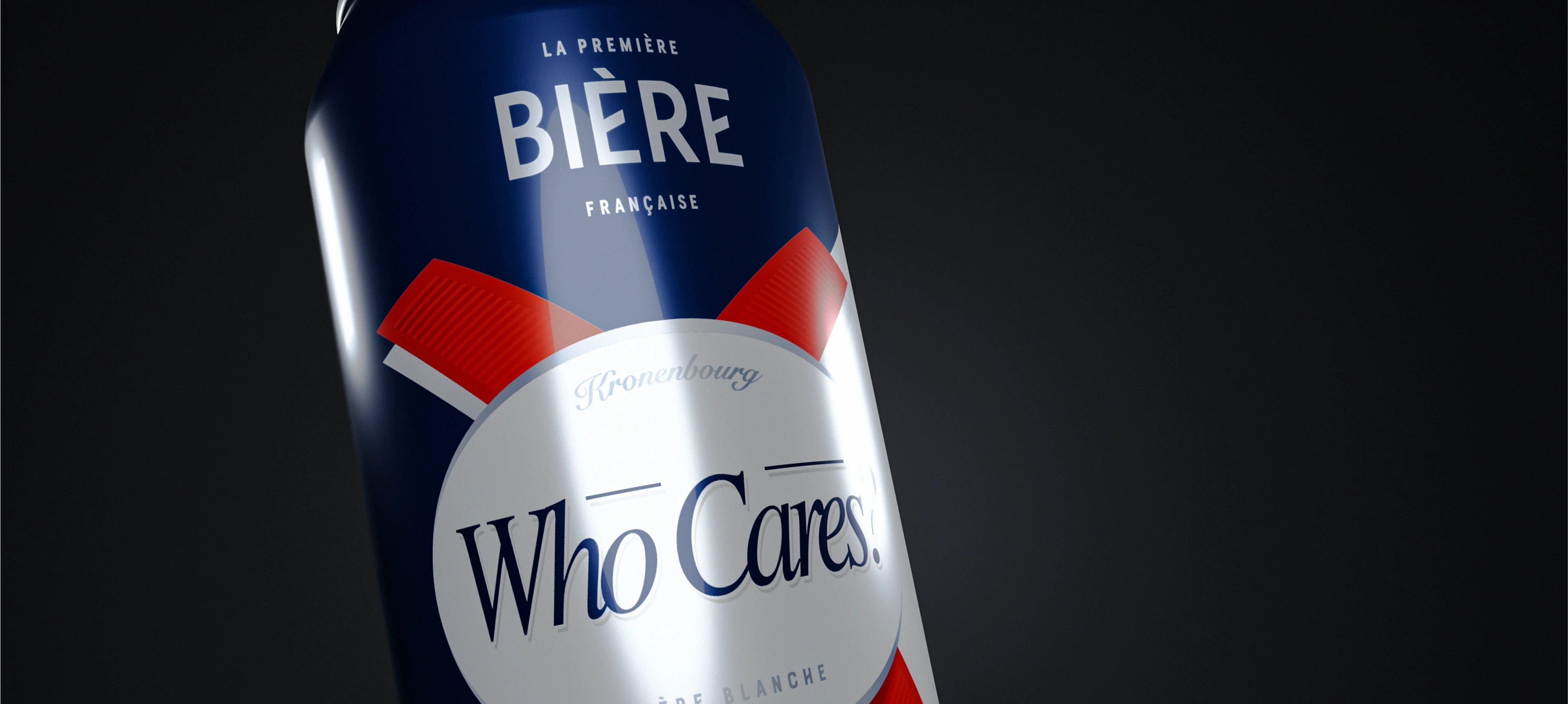 3D render of a Kronenbourg 1664 can rebranded with the 'Who Cares?' logo, lit against a dark background