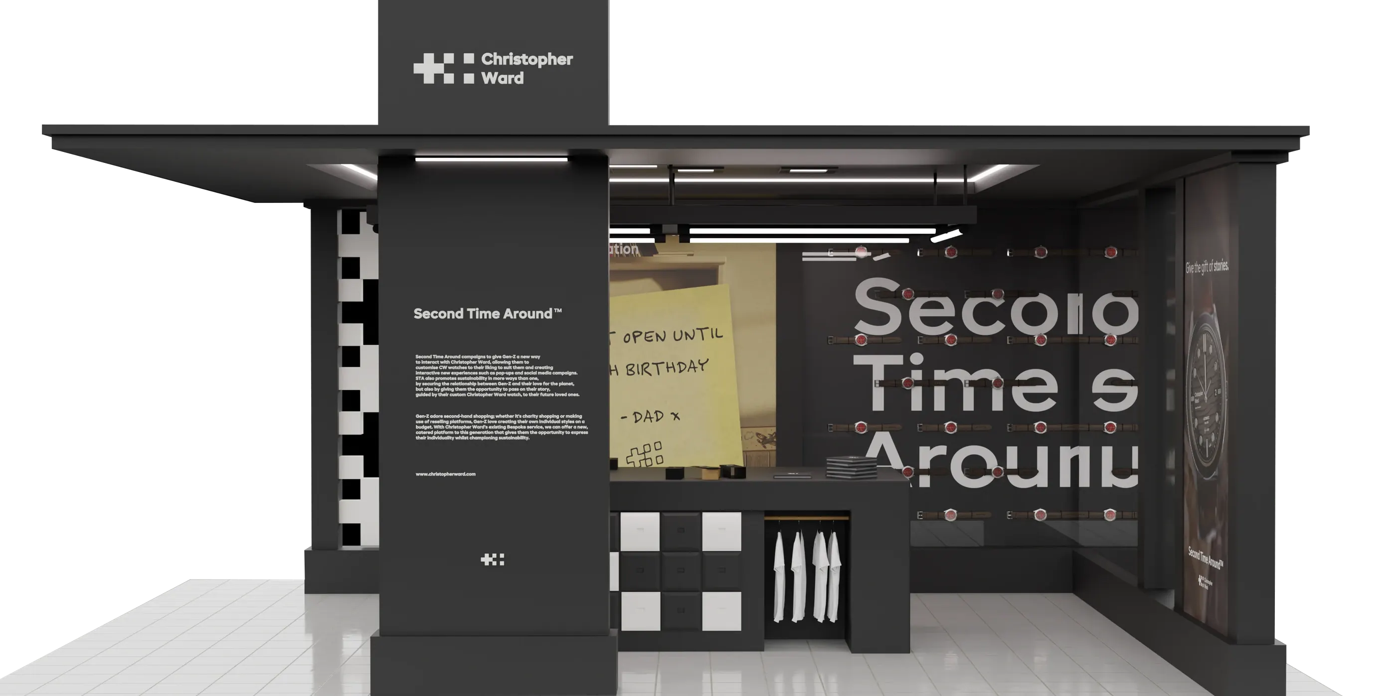 Front view render of the Second Time Around pop-up: a black Christopher Ward kiosk with large campaign type