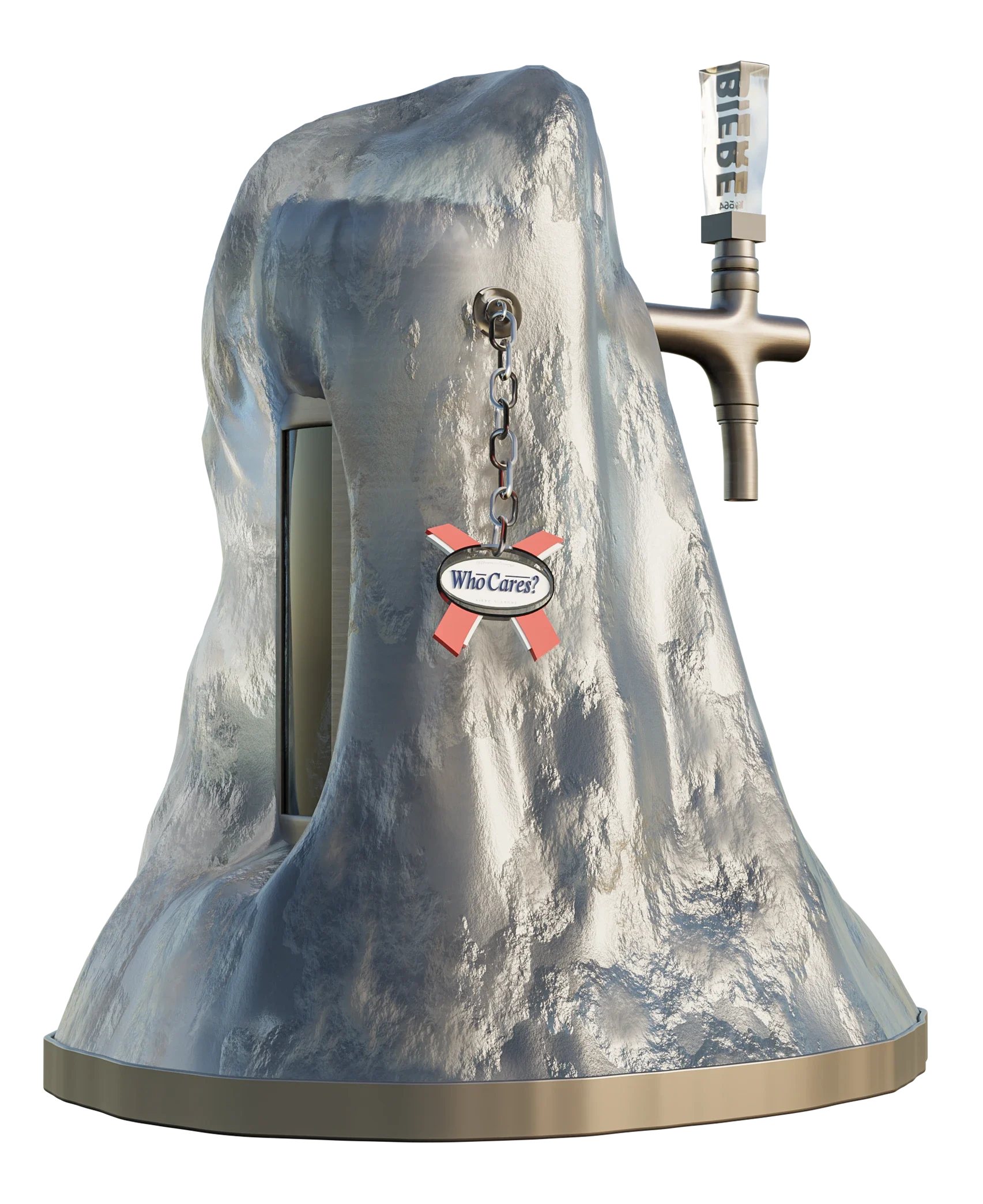 Beer tap font sculpted as a block of ice, carrying a 'Who Cares?' tag