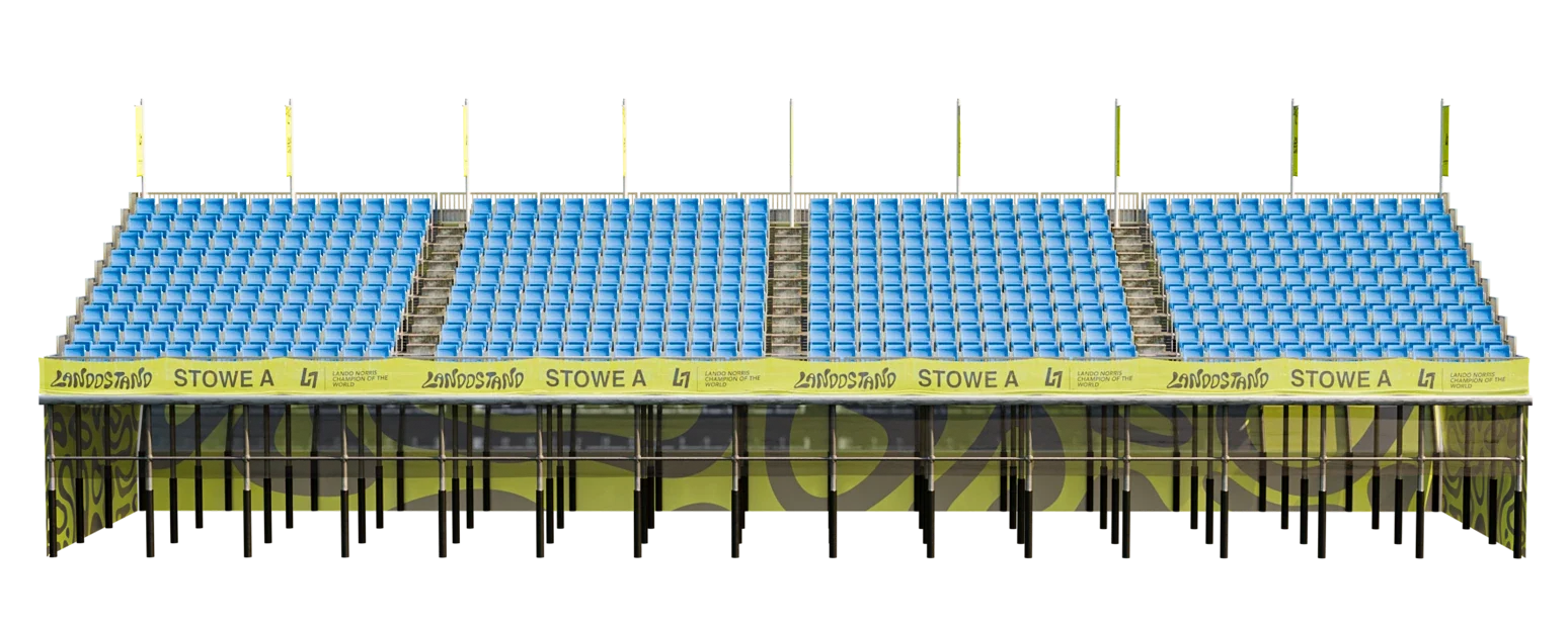 Front render of the Landostand grandstand at Stowe, Silverstone