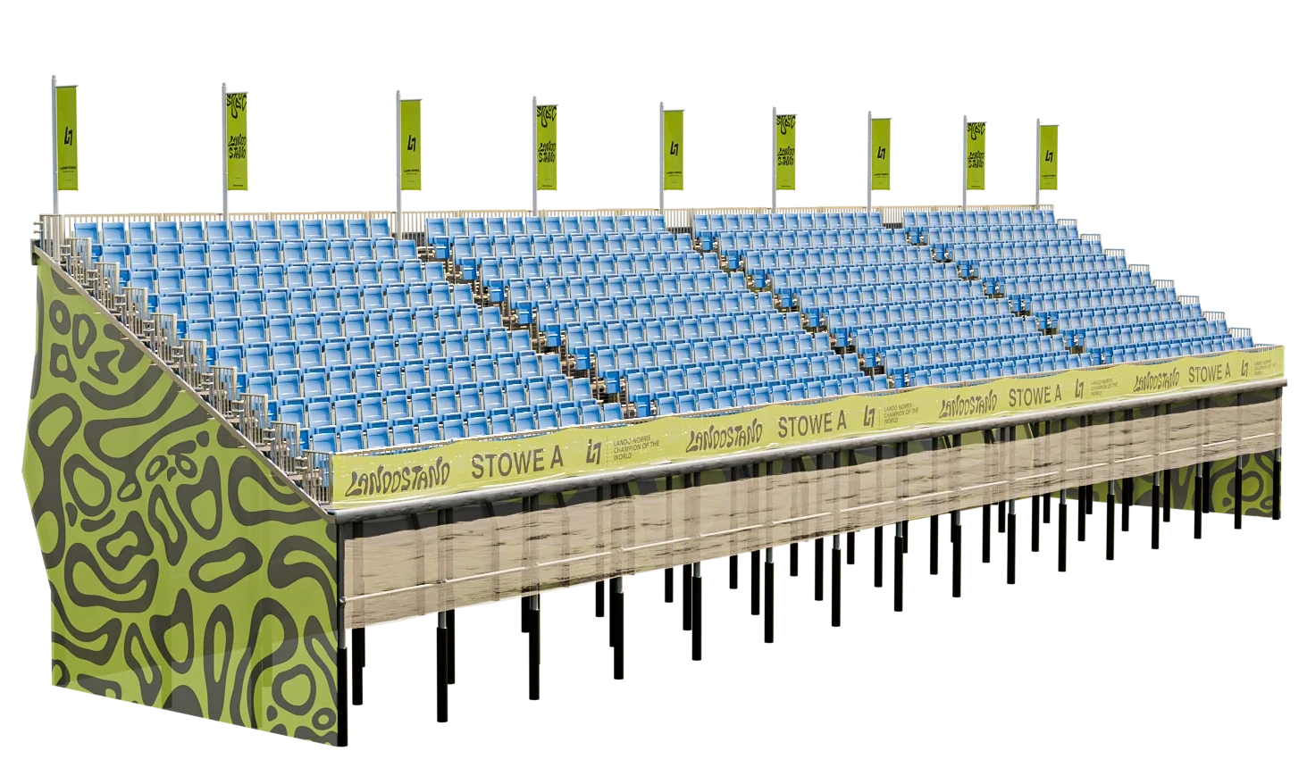 Left-angled render of the grandstand showing the patterned side wrap