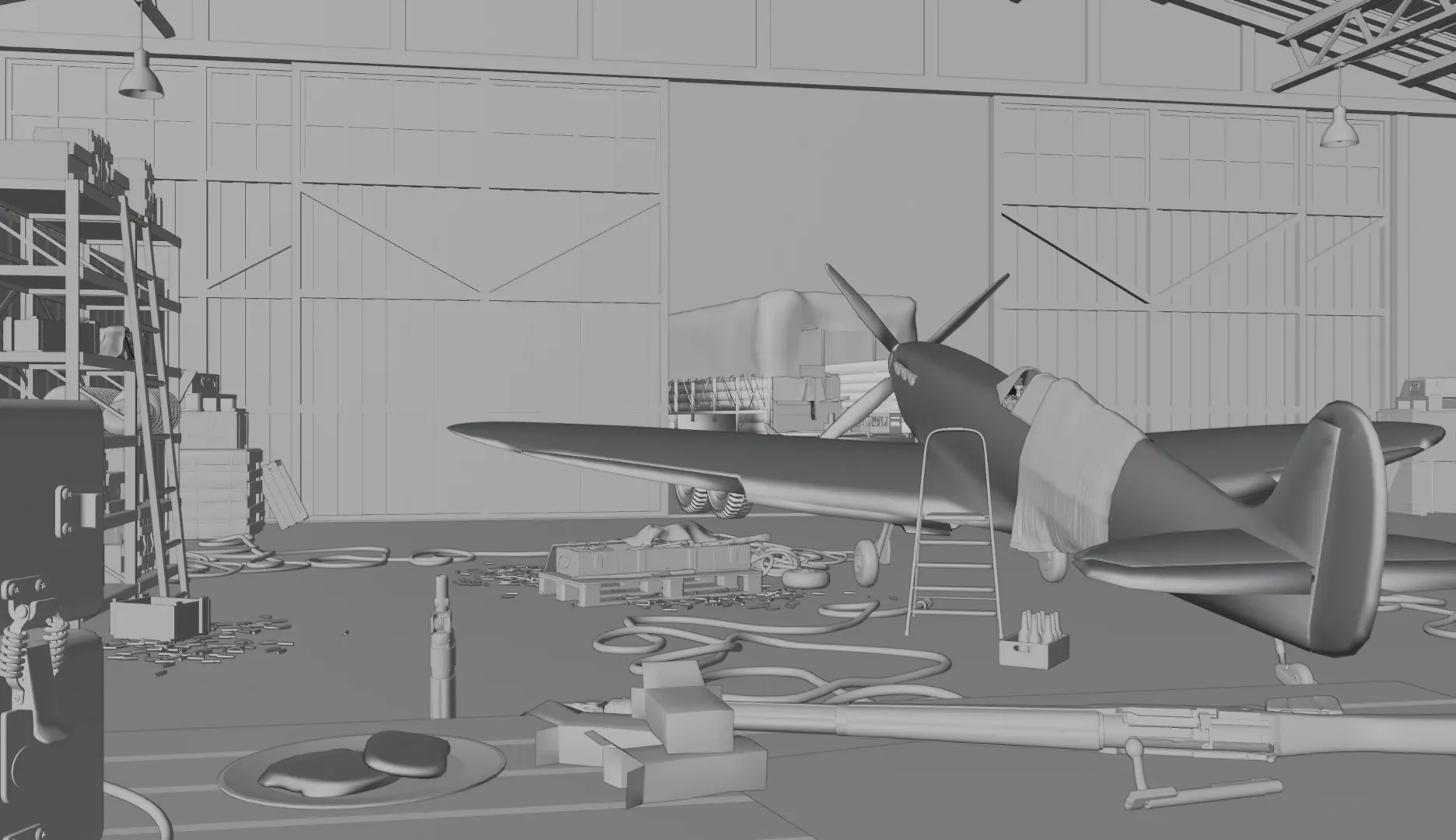 Untextured viewport render of the hangar scene