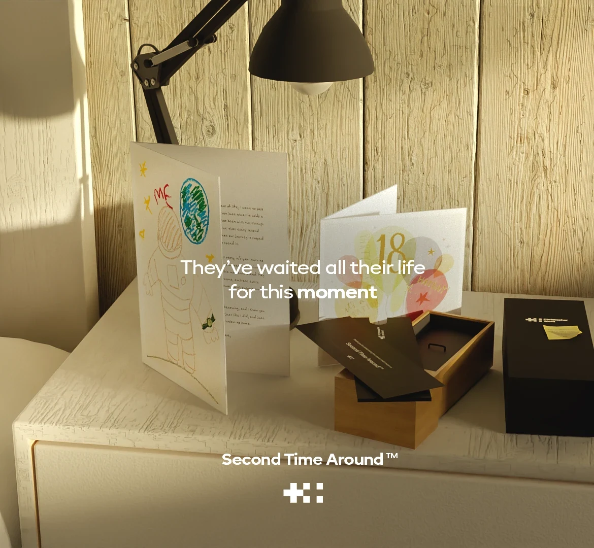 Render of a bedside table with an 18th birthday card and a Christopher Ward watch box: 'They’ve waited all their life for this moment'