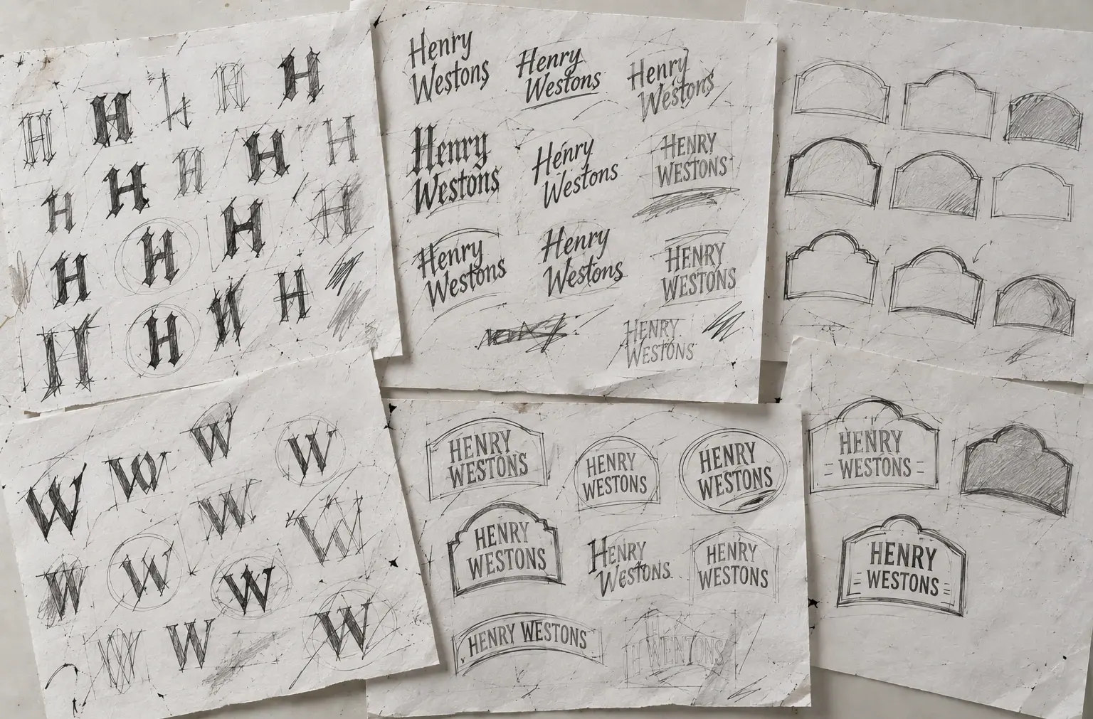 Pencil sketches exploring 'H' and 'W' letterforms and badge shapes
