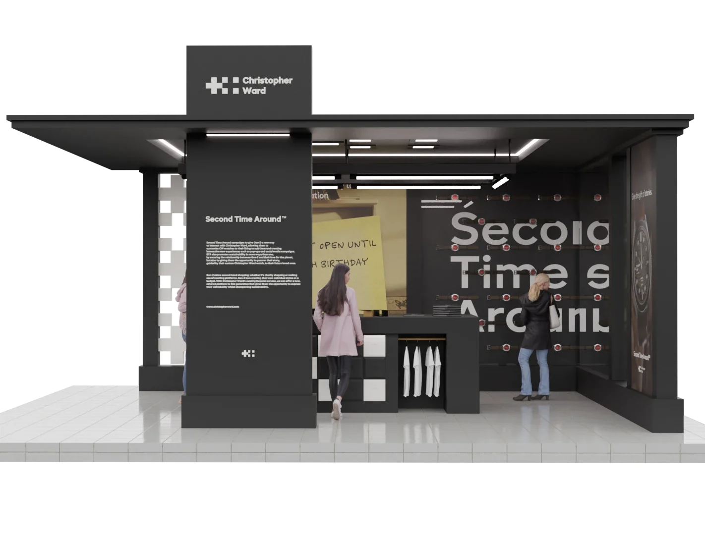 Angled render of the pop-up with visitors browsing