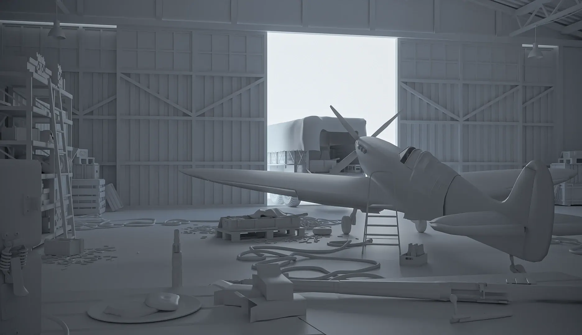 Grey clay render of the hangar scene