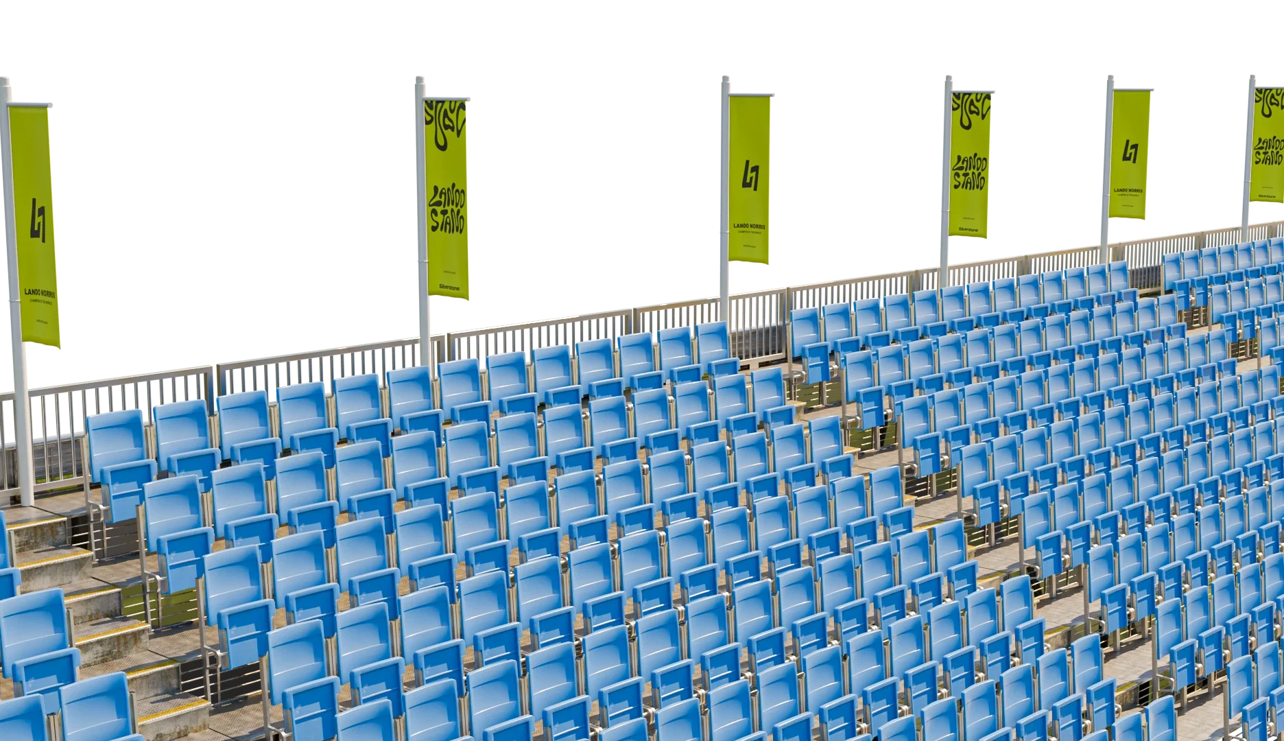 Close-up of the blue tiered seating and banners