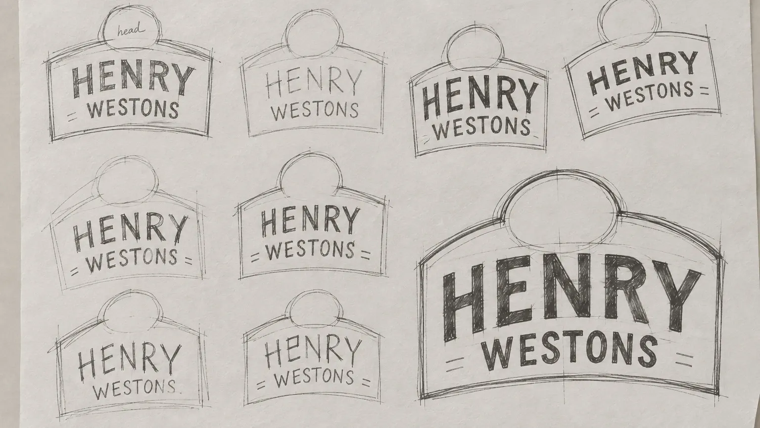 Pencil sketches of 'Henry Westons' inside arched badges
