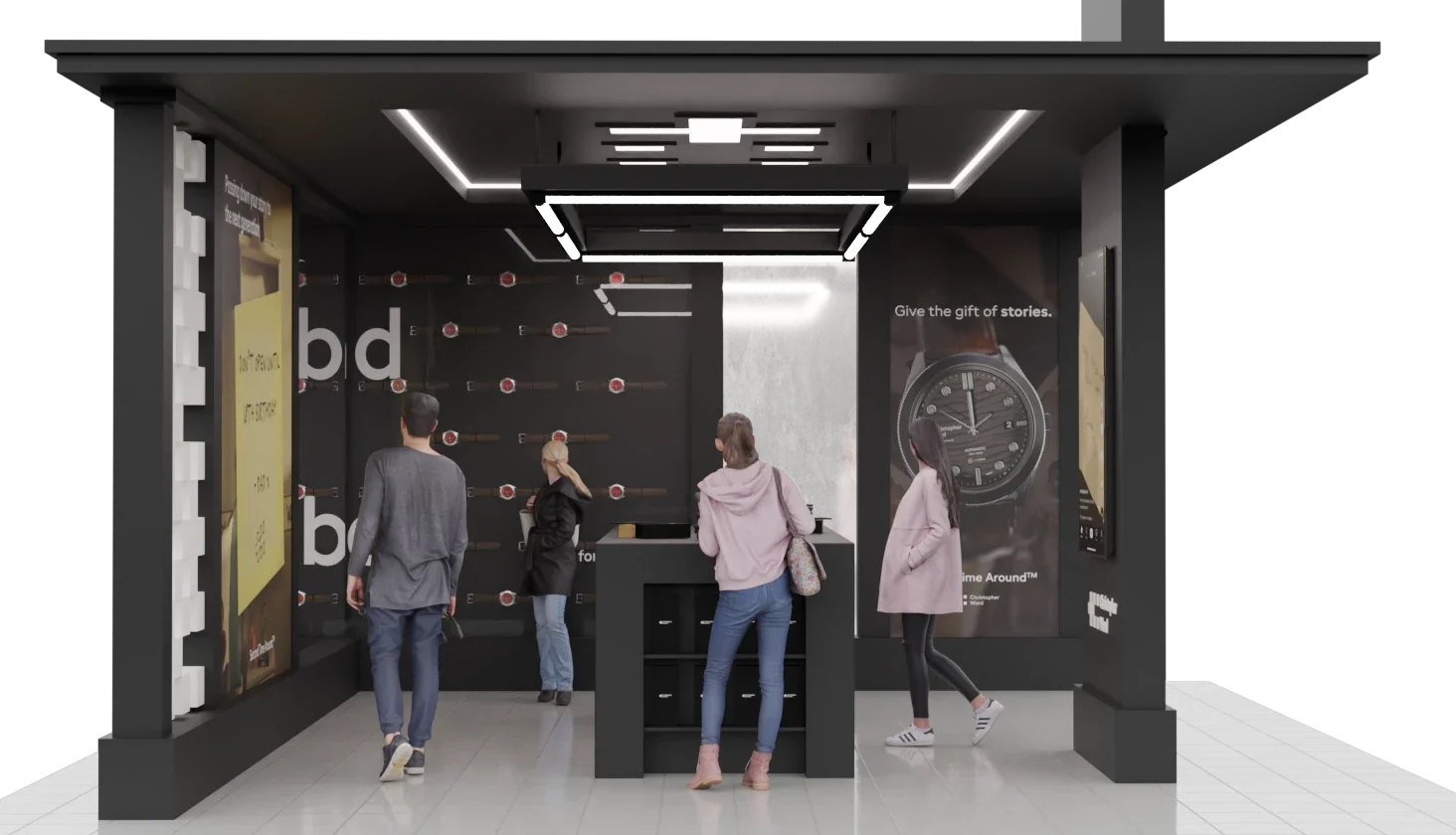 Interior of the pop-up showing the customisation counter and watch displays