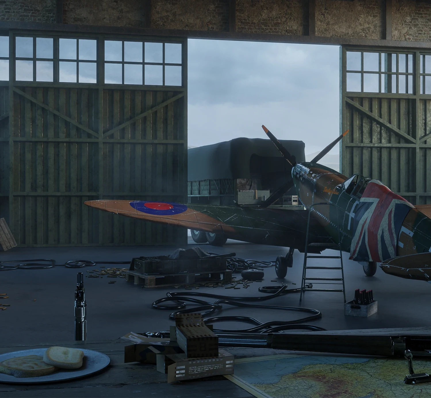 Render of a Spitfire inside a WWII hangar, doors open to an overcast sky