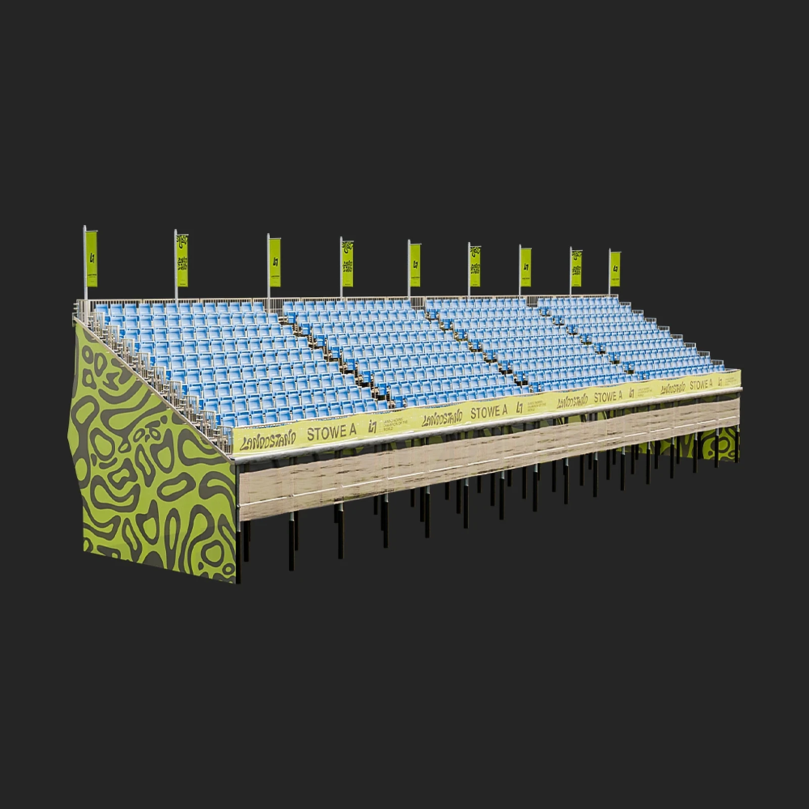 Render of the Landostand grandstand with blue seats and lime-green banners on a dark background