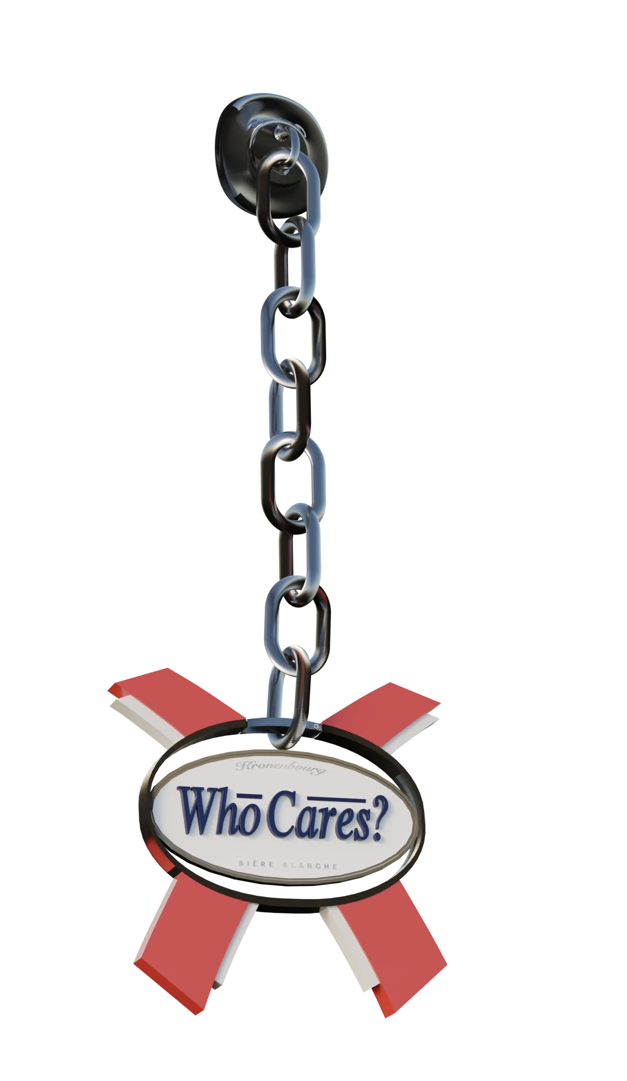 'Who Cares?' tag hanging from a chain