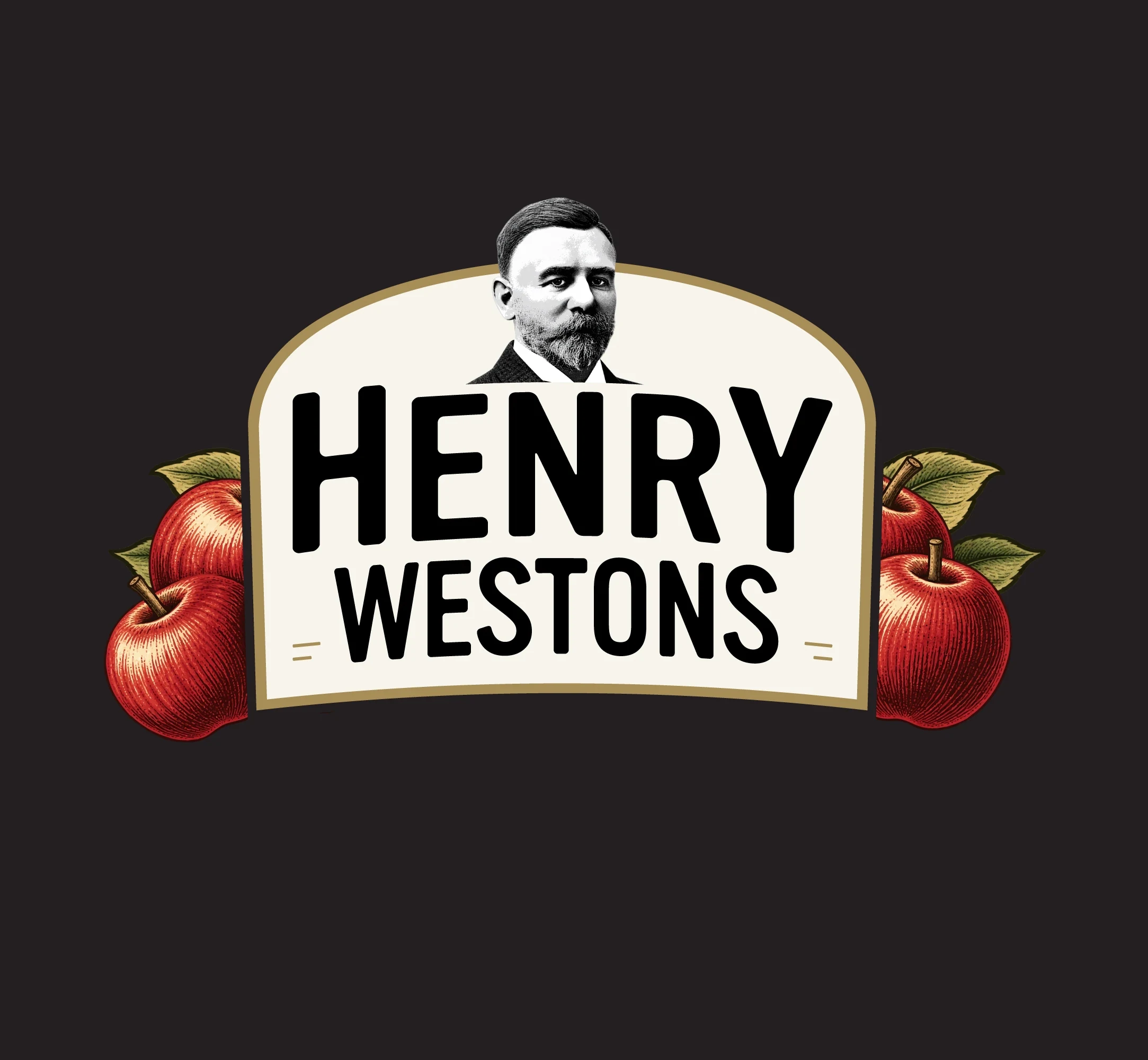 The redesigned Henry Westons crest with apples on a dark background