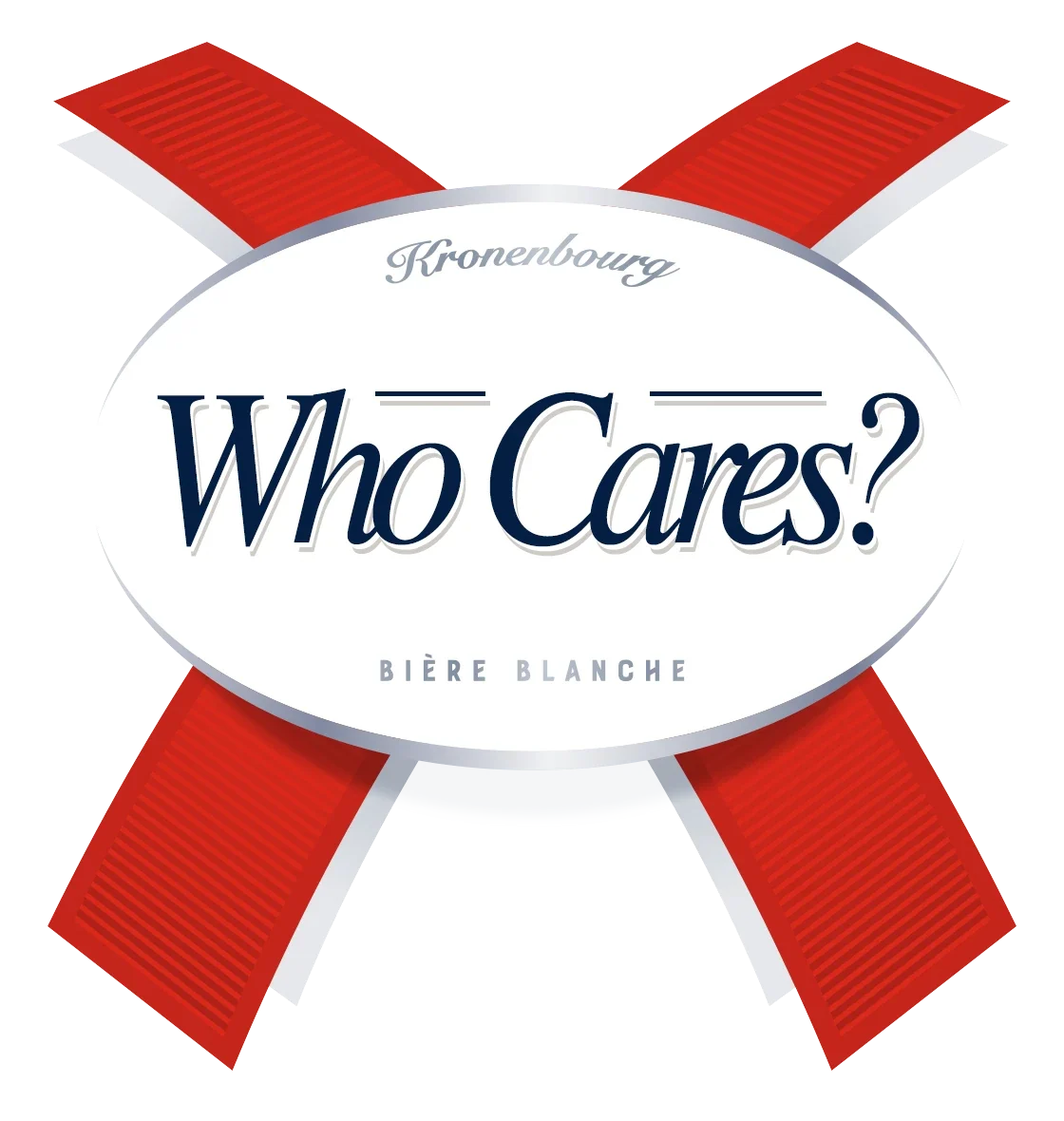 The 'Who Cares?' logo: the Kronenbourg oval and red cross ribbons with 'Who Cares?' in place of 1664