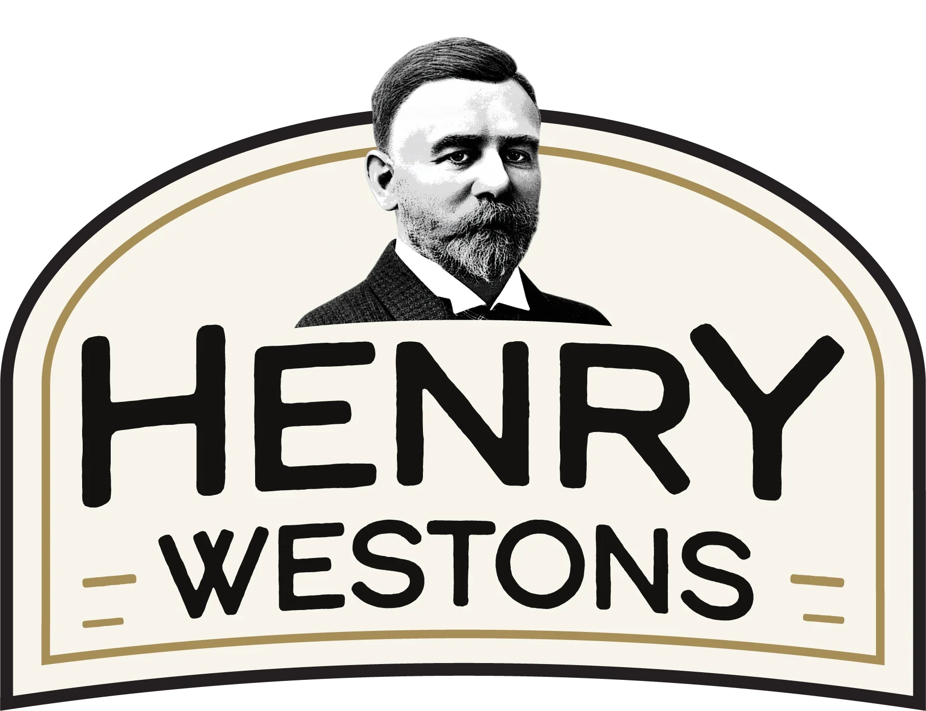 Logo variation: arched cream badge with the portrait