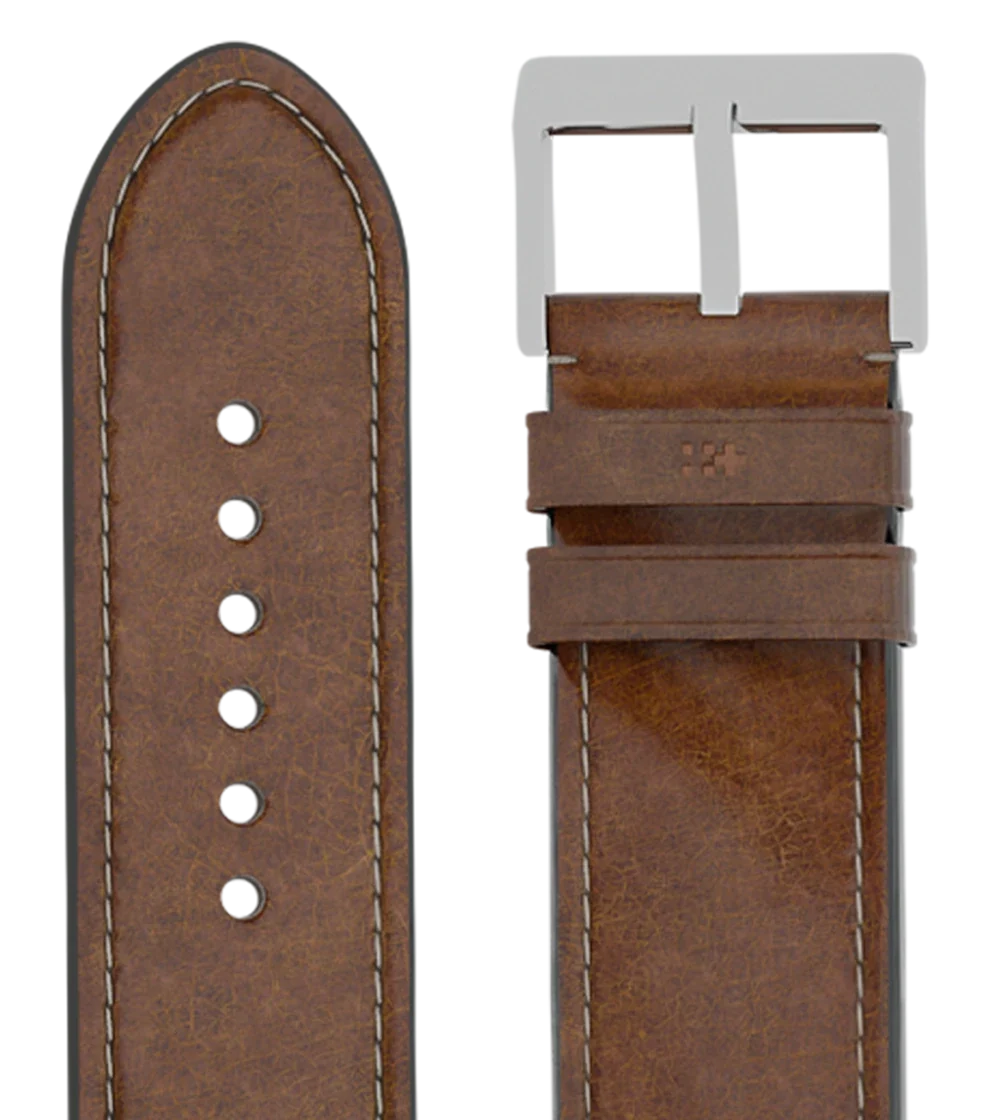 Tan leather strap with a steel buckle
