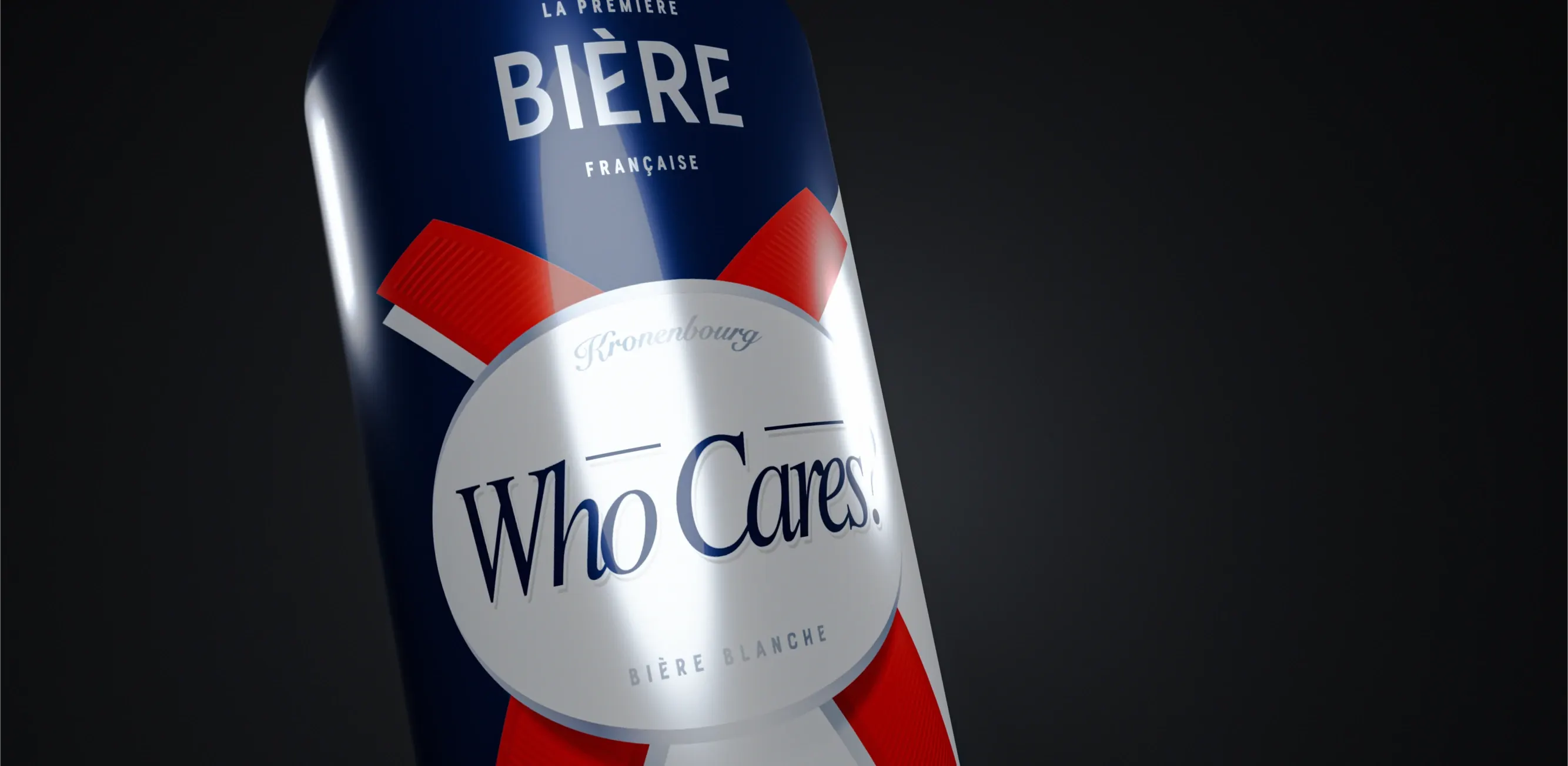 Close-up 3D render of the 'Who Cares?' Kronenbourg 1664 can against a dark gradient