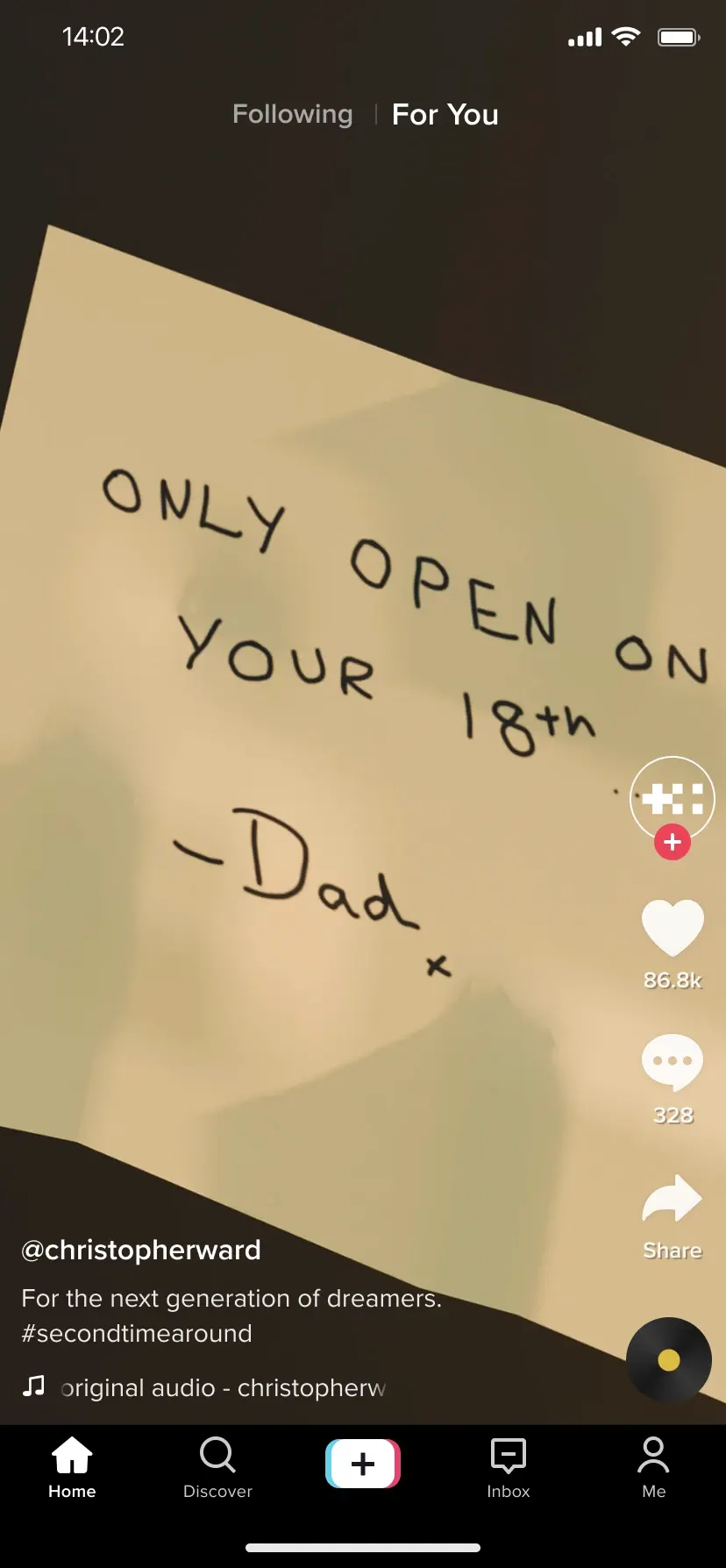 TikTok mock-up of a handwritten note: 'Only open on your 18th – Dad'