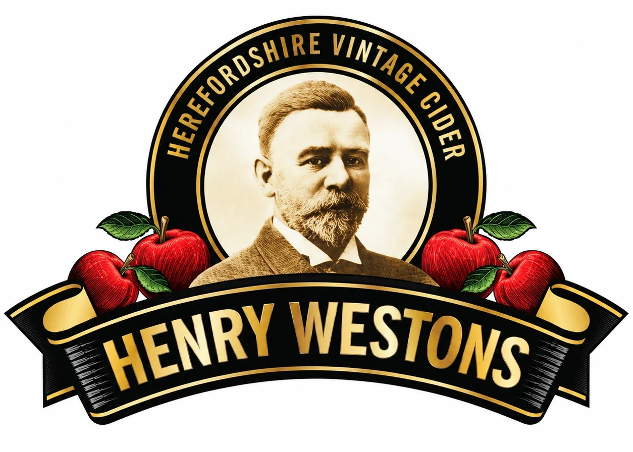 Logo variation: gold portrait roundel with apples and a ribbon banner