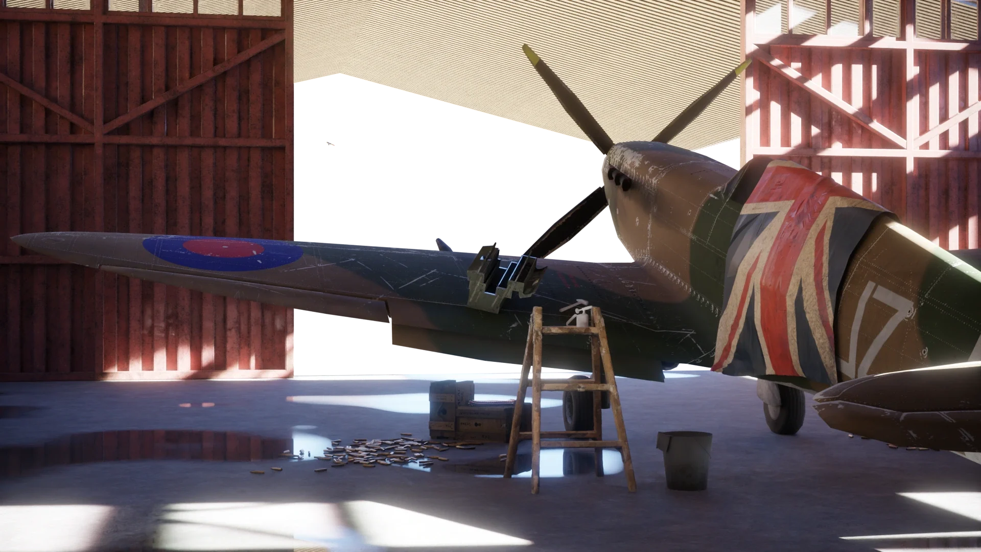 Early hangar render: the Spitfire seen nose-on with a ladder and bucket beside it, and a plain white doorway where the sky will go