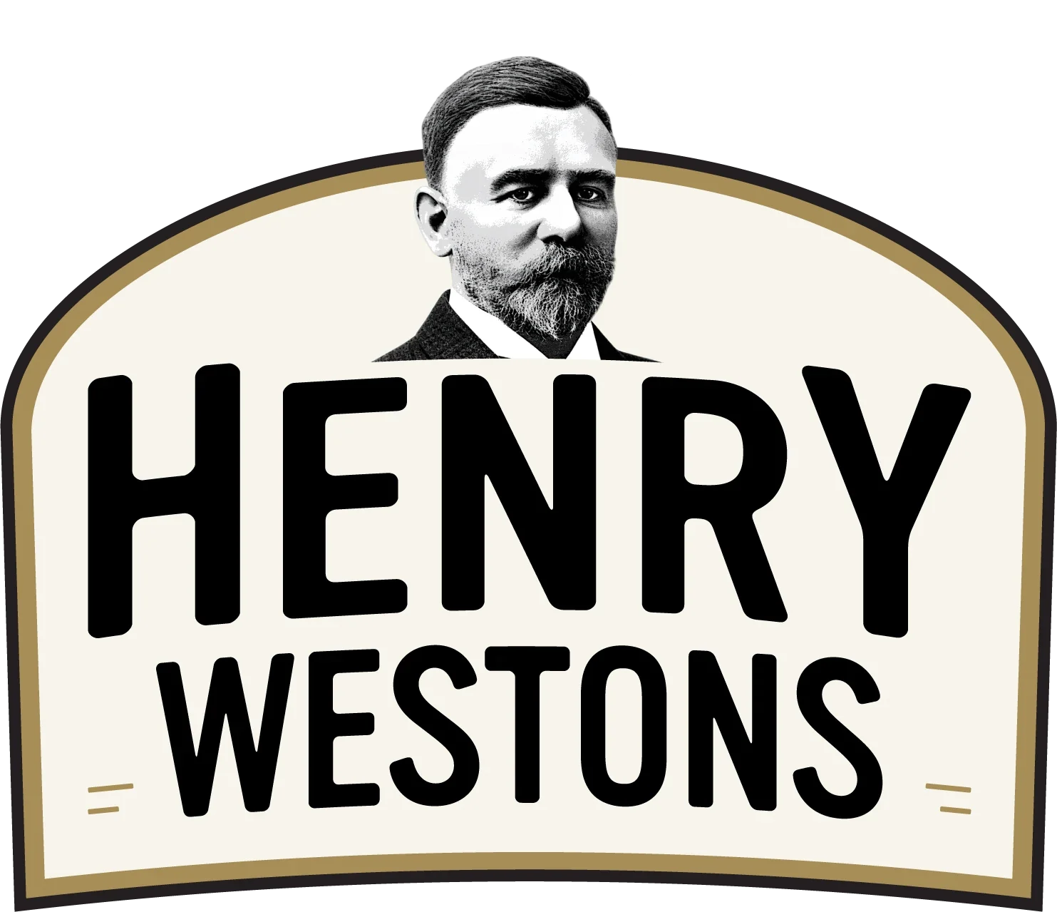 Chosen Henry Westons logo: portrait above the name in a cream arched badge
