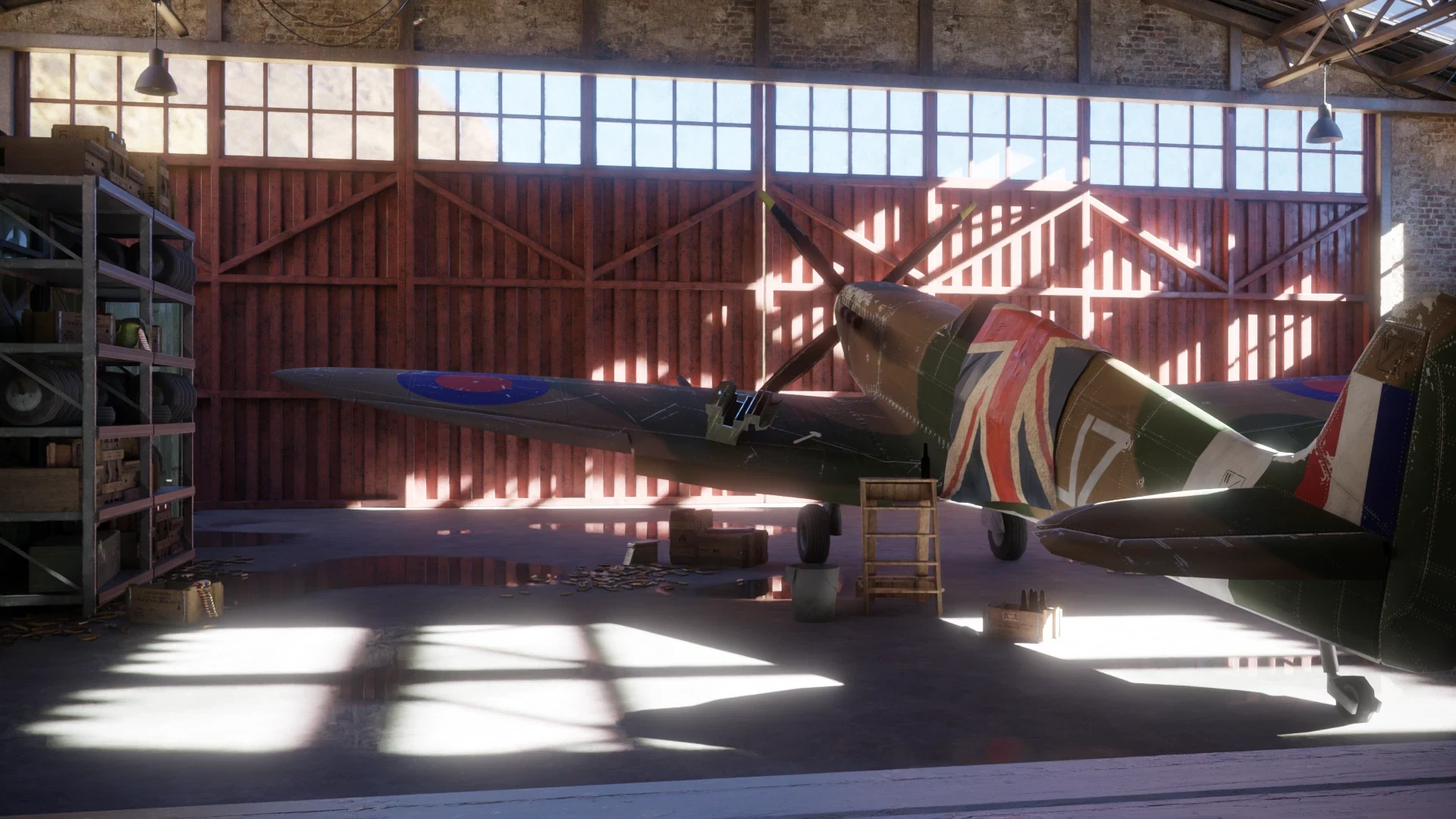Early hangar render: the Spitfire in a hangar with sunlight falling through the doors and windows, shelving of supplies on the left