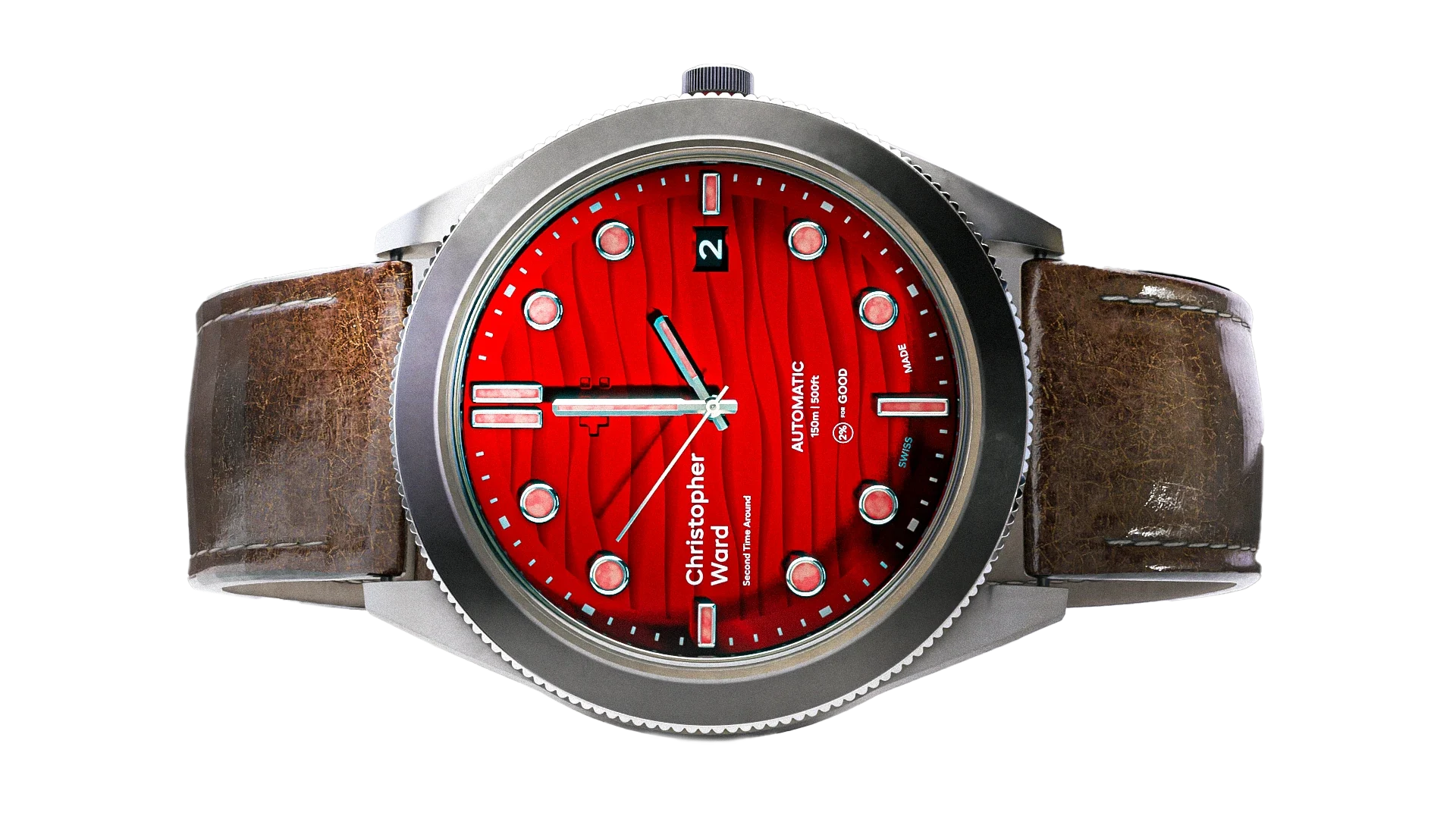 Christopher Ward watch with a red dial and worn leather strap