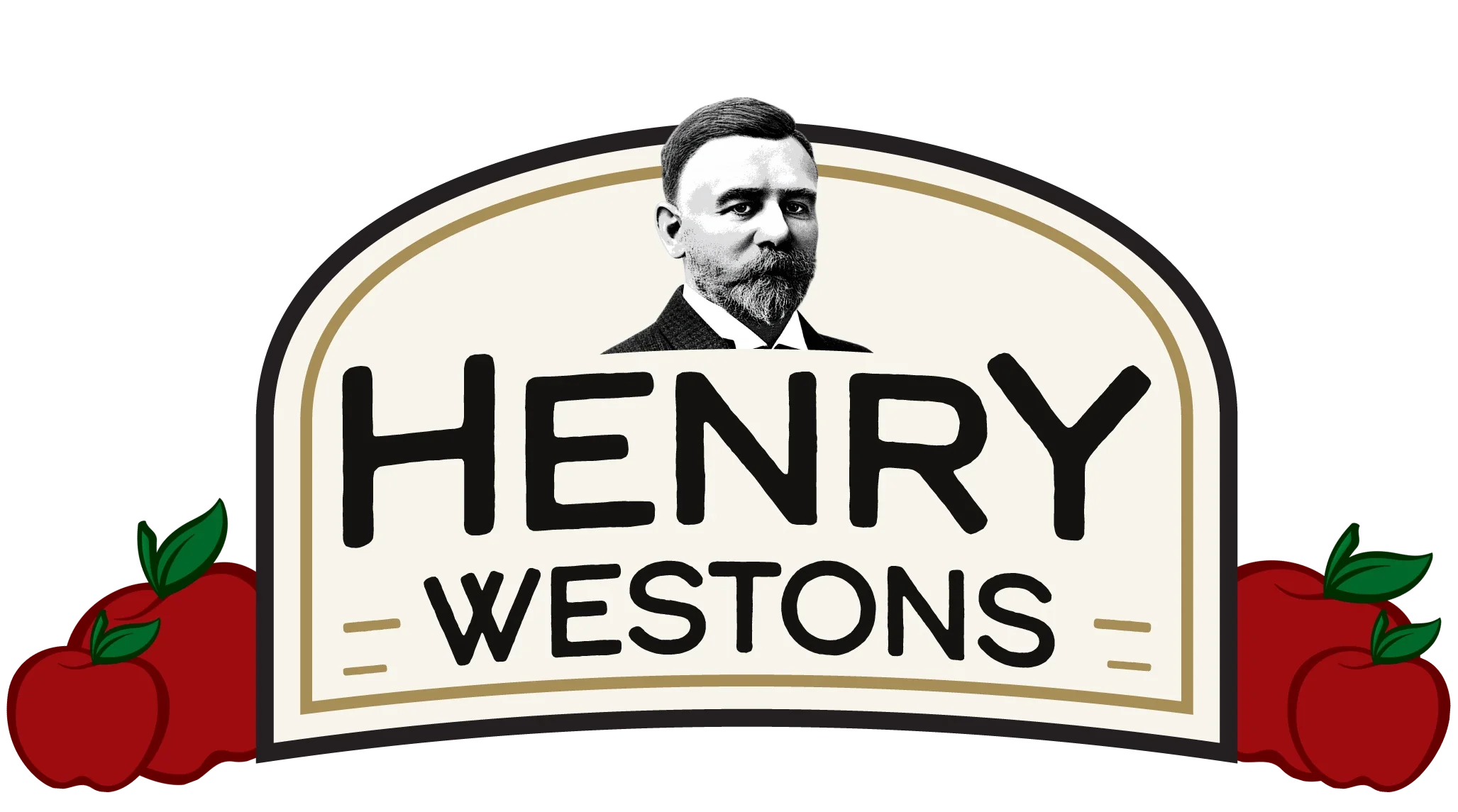 Logo variation: arched badge flanked by small apples