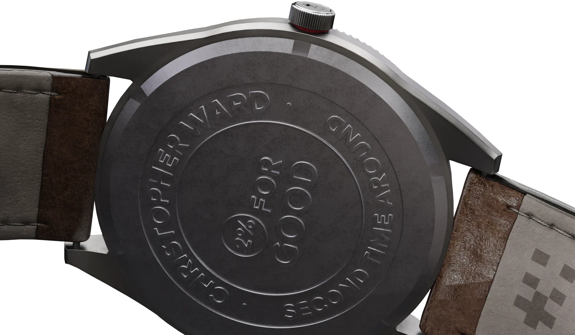 Close-up of the caseback engraved 'For Good' and 'Second Time Around'