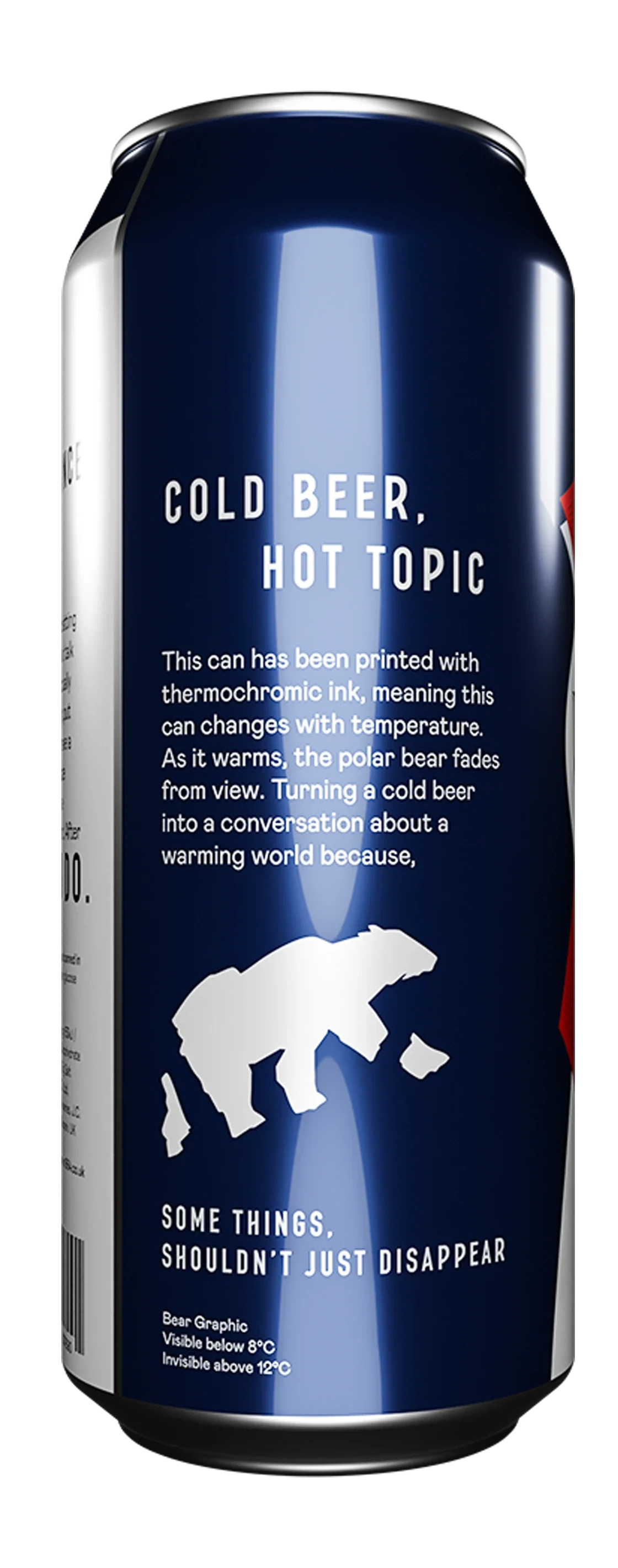 Back of the can: 'Cold beer, hot topic' with a polar bear illustration