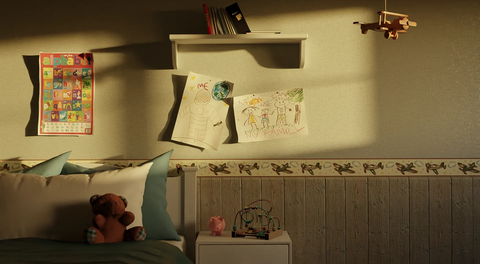 Animation still: a child’s bedroom in warm morning light