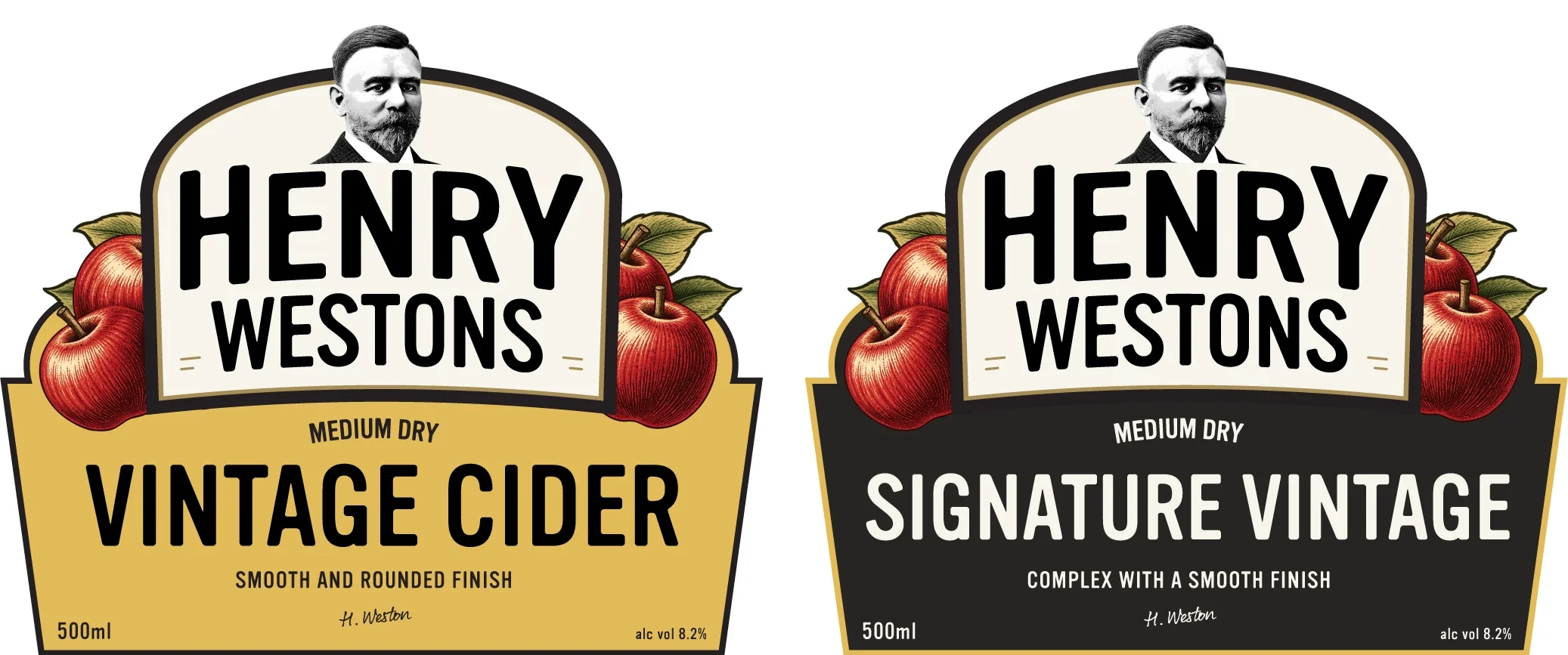 Two labels: 'Vintage Cider' in gold and 'Signature Vintage' in black