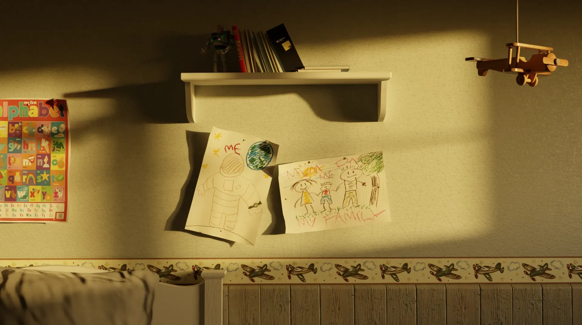Animation still: shelf with a toy plane and children’s drawings