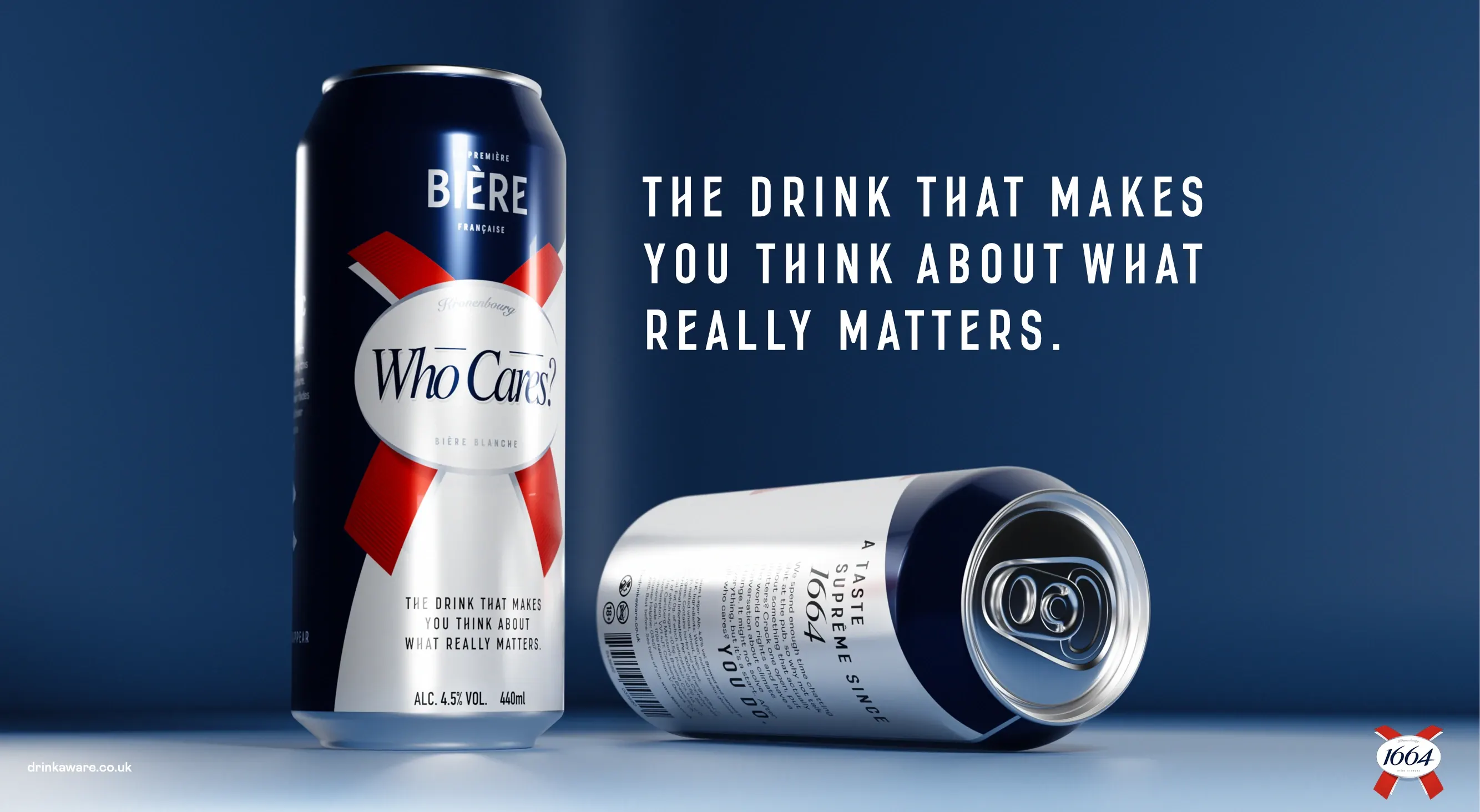 Campaign render: two 'Who Cares?' cans on a blue set with the line 'The drink that makes you think about what really matters.'