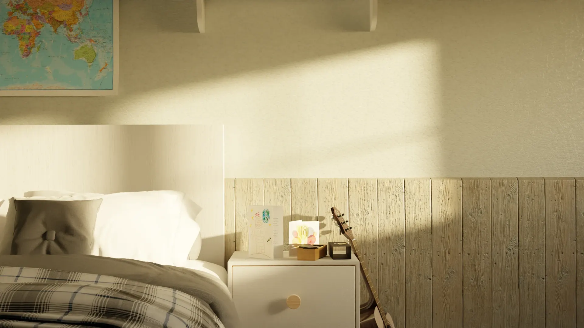 Animation still: the bed and bedside table in sunlight
