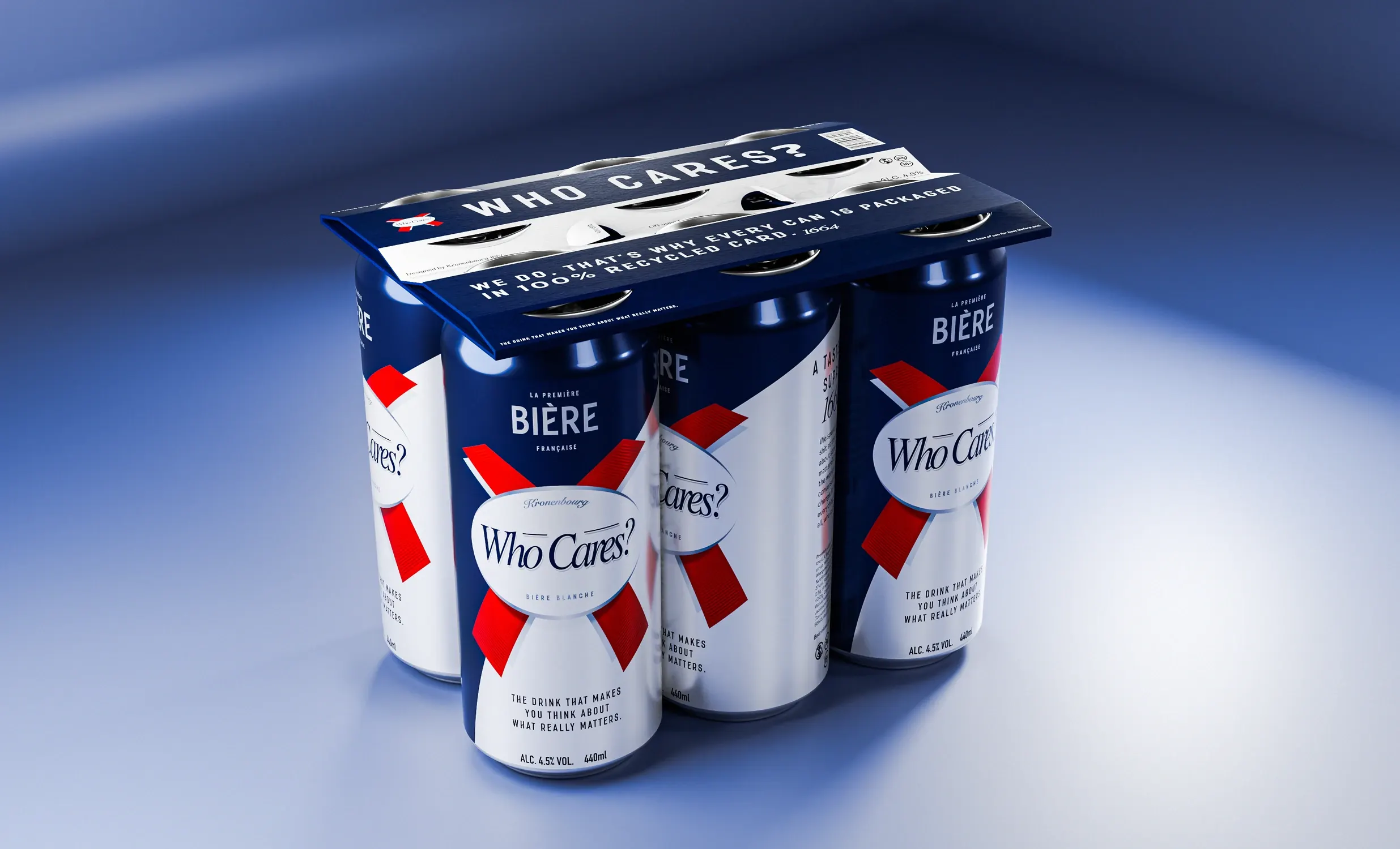 Four-pack of 'Who Cares?' cans in a printed cardboard carrier