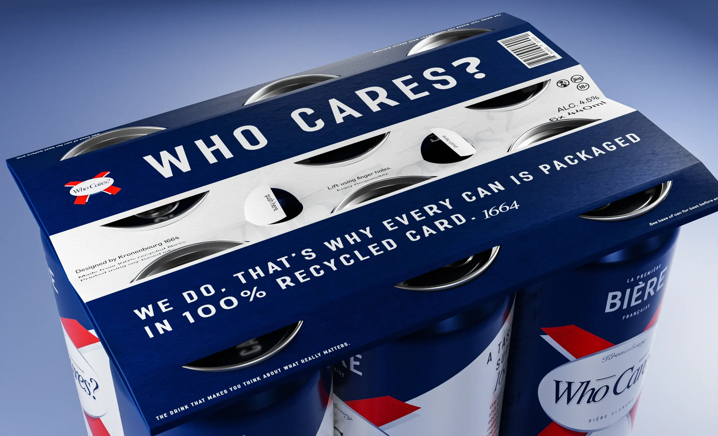 Close-up of the carrier: 'We do. That's why every can is packaged in 100% recycled card.'