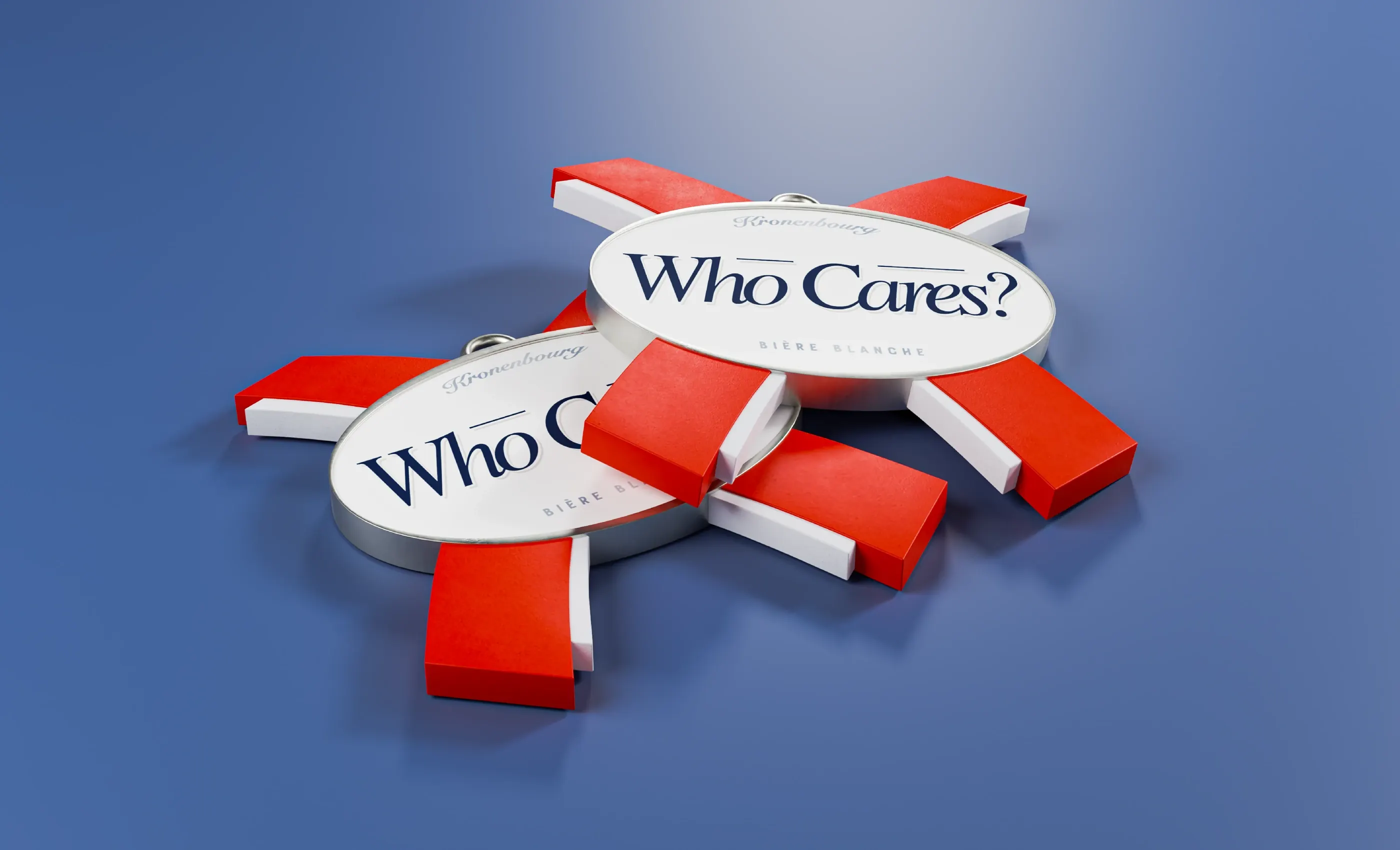 Stack of 'Who Cares?' beer mats on a blue surface