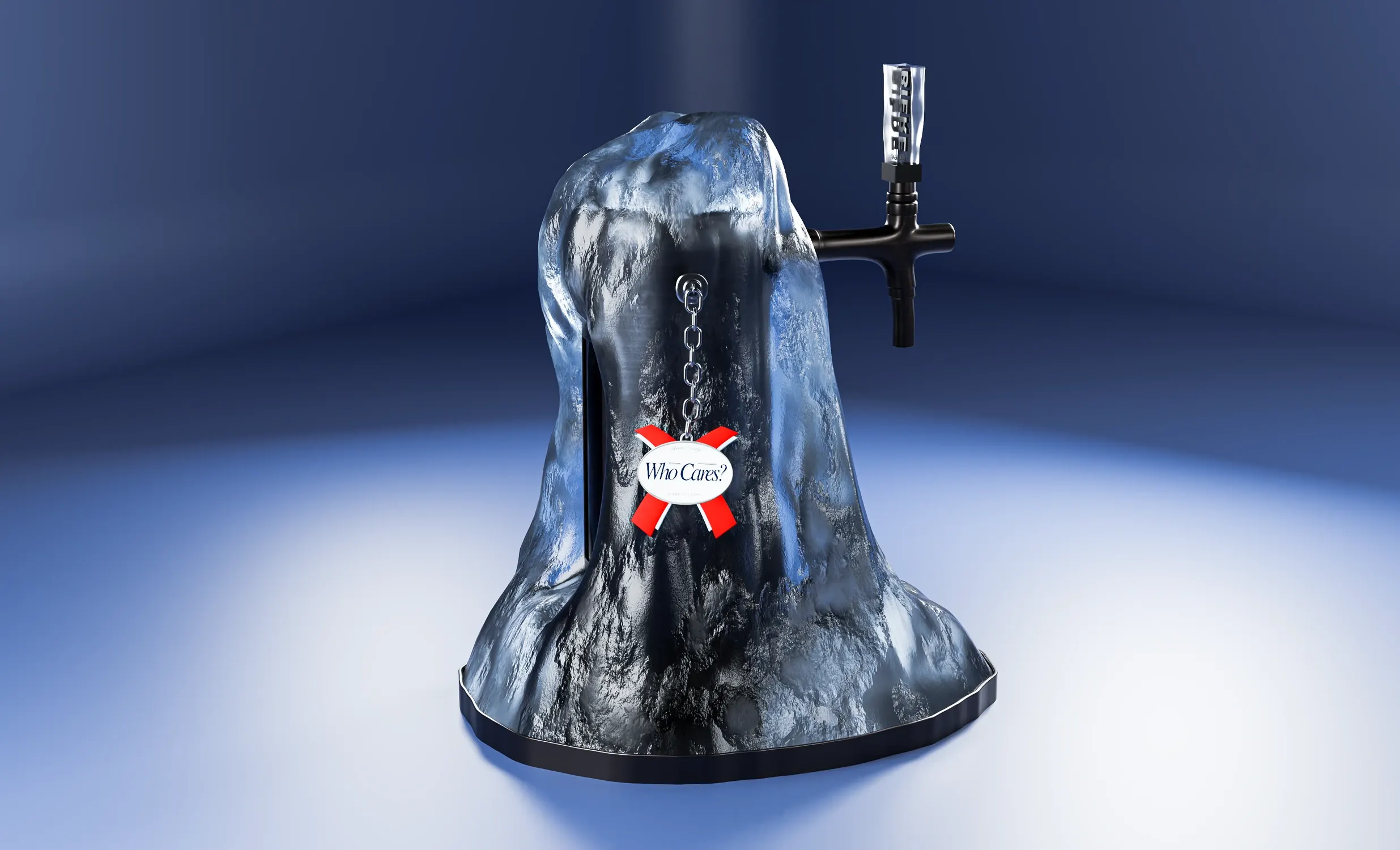 Ice-sculpted tap font with the 'Who Cares?' tag, lit on a blue set