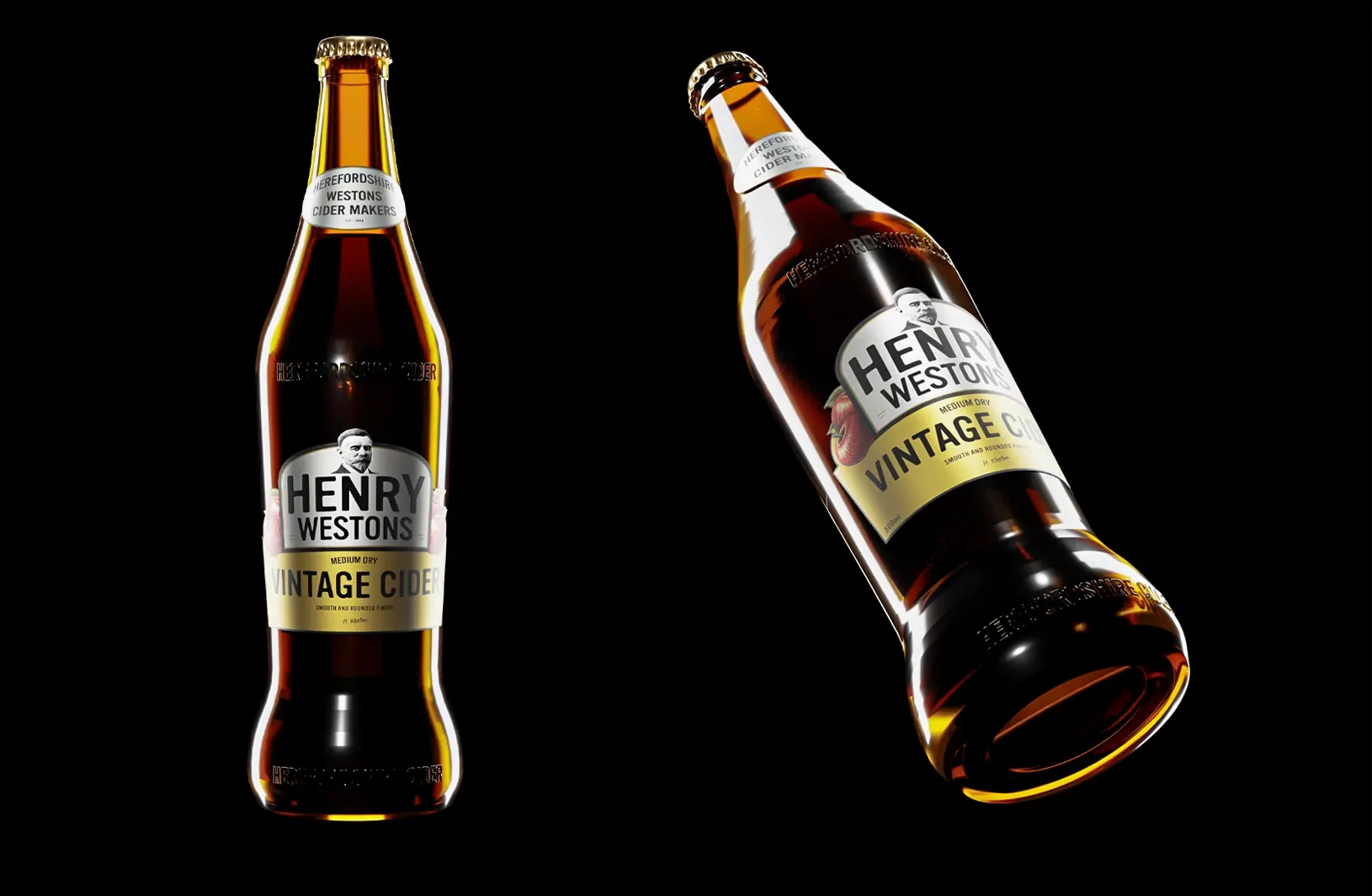 Two 3D-modelled Henry Westons bottles lit against black