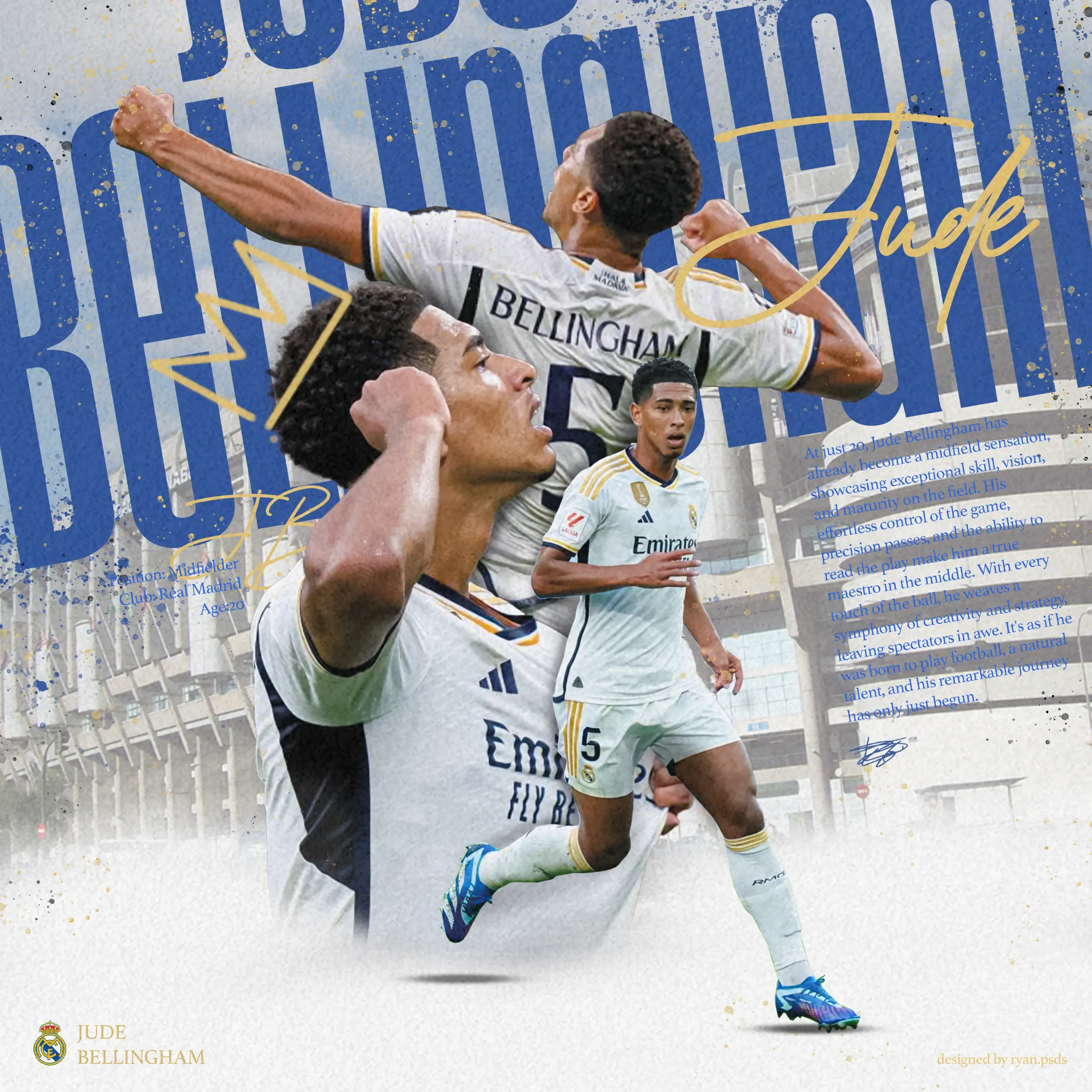Jude Bellingham celebration collage with large blue lettering and a gold signature