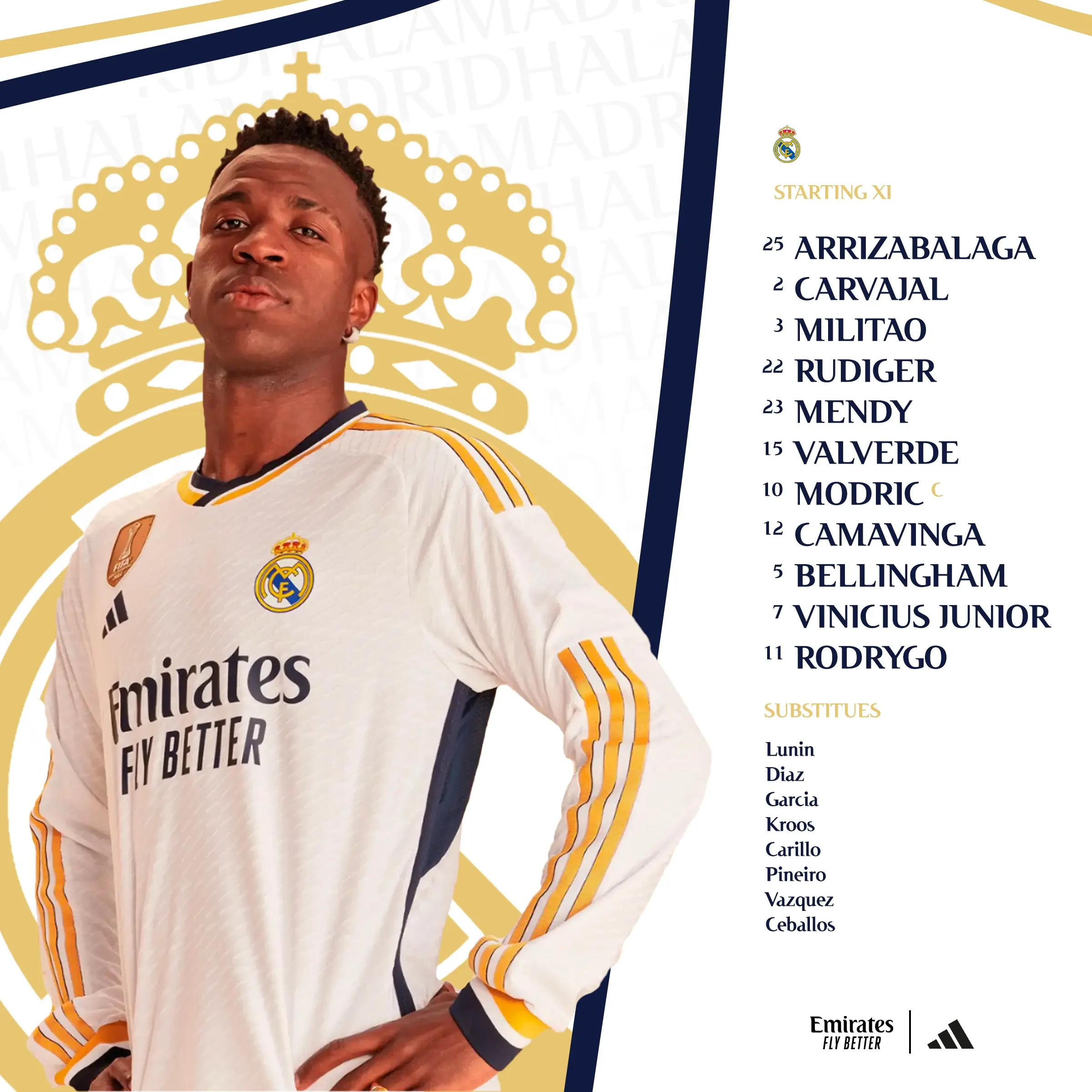 Starting XI graphic: Vinícius Júnior in front of a gold crest, beside the Real Madrid line-up and substitutes