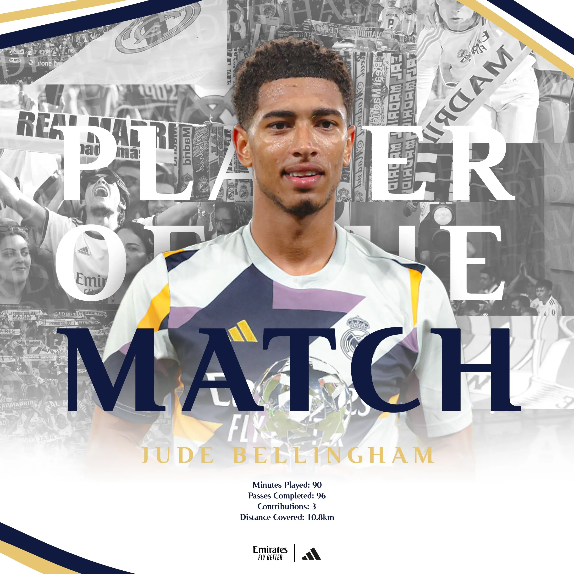 Player of the Match graphic for Jude Bellingham, with large type over a stadium crowd and match statistics
