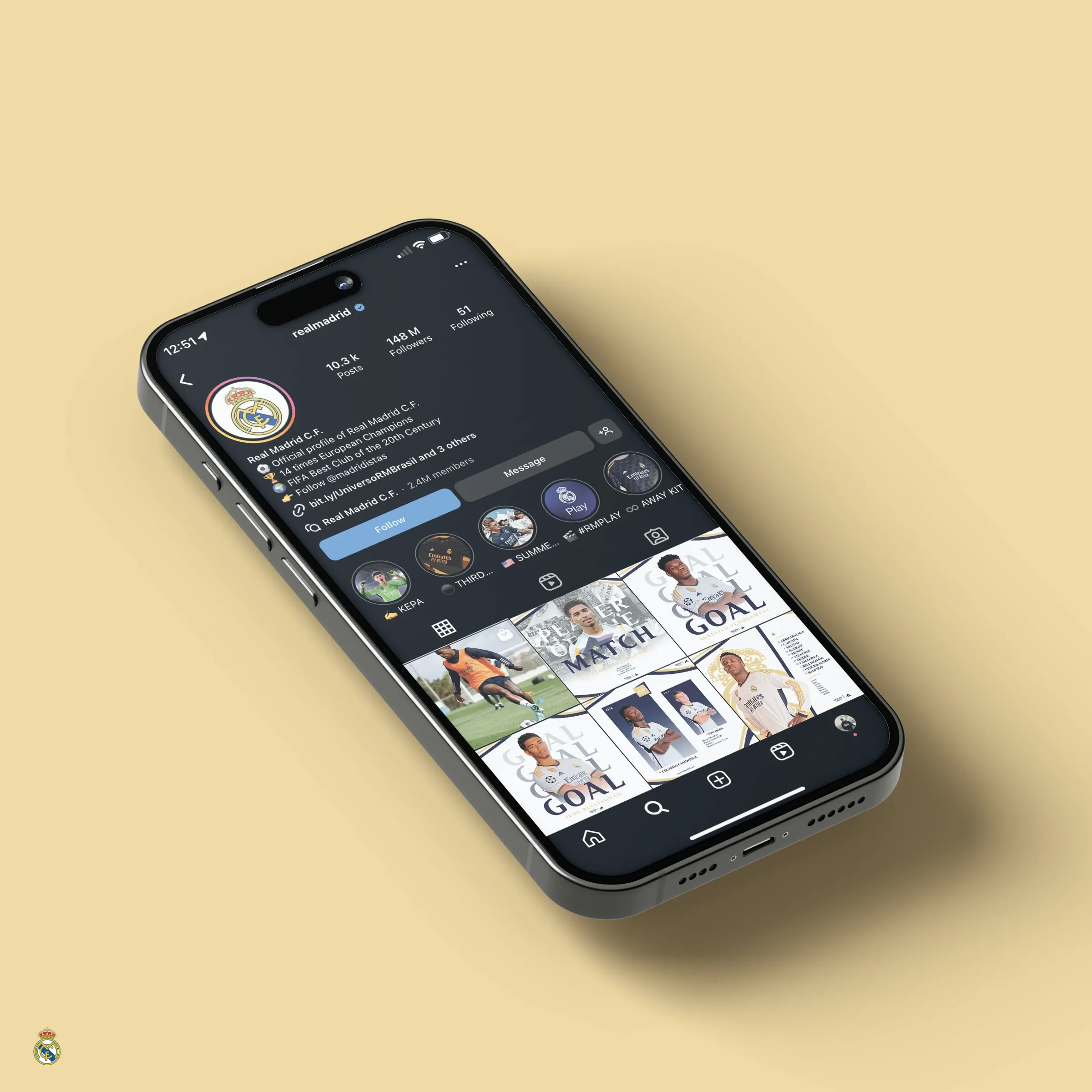 Phone mock-up showing the rebranded Real Madrid Instagram profile and post grid